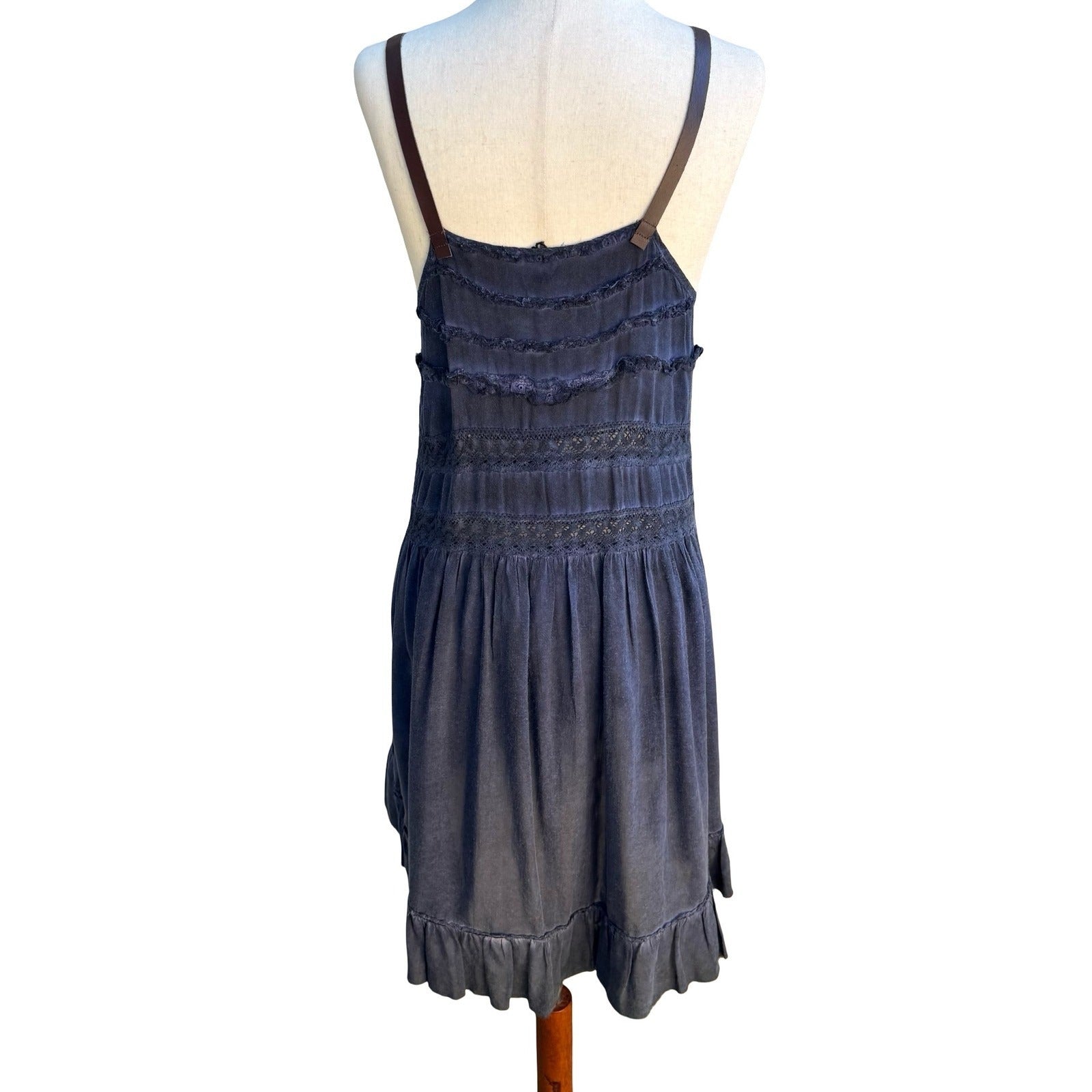 Black Swan Y2K Boho Festival Tiered Crochet Lace Leather Strap Mini Dress Navy S