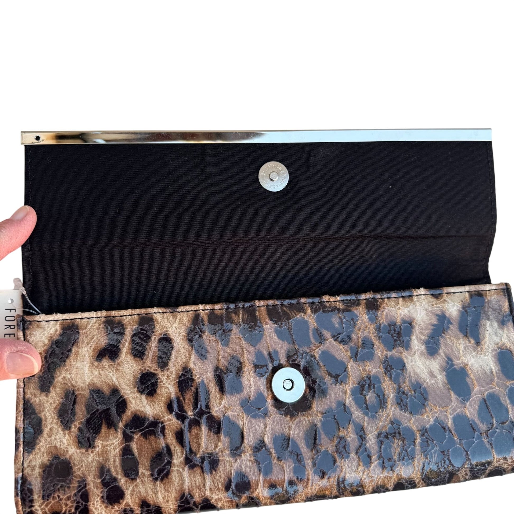 Forever 21 Womens Leopard Print Clutch Handbag Gold Accent Formal Glam Party