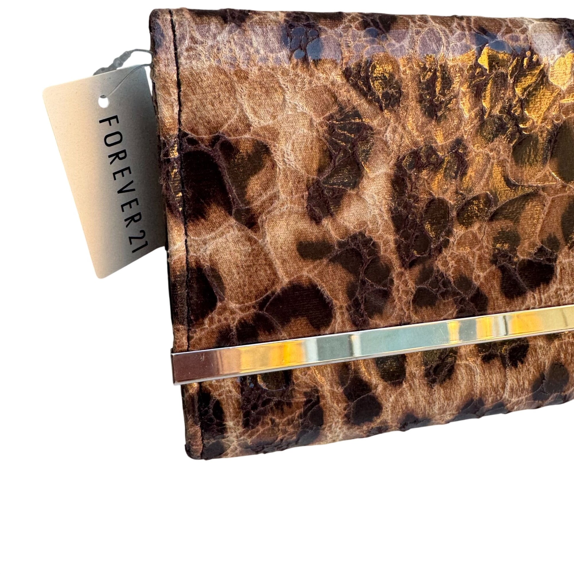 Forever 21 Womens Leopard Print Clutch Handbag Gold Accent Formal Glam Party