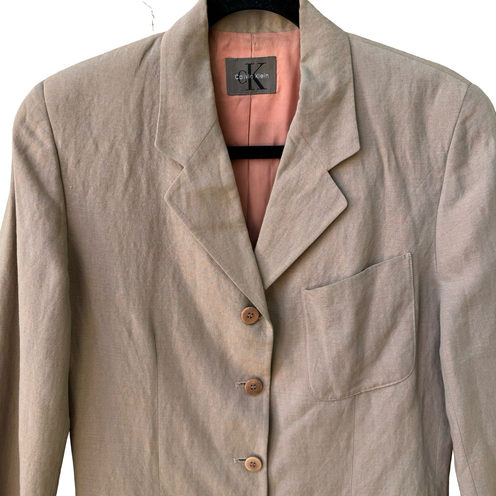 Calvin Klein Vintage 90s Linen Blend Minimalist Old Money Blazer Jacket Tan 8