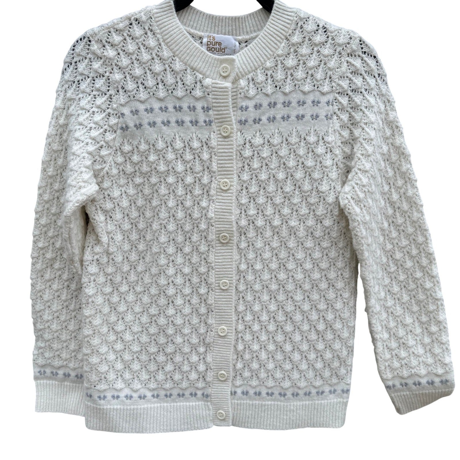 Its Pure Gould Vintage Ivory Pointelle Knit Cardigan Embroidered Made in USA