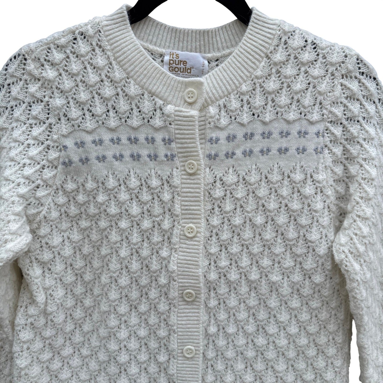 Its Pure Gould Vintage Ivory Pointelle Knit Cardigan Embroidered Made in USA