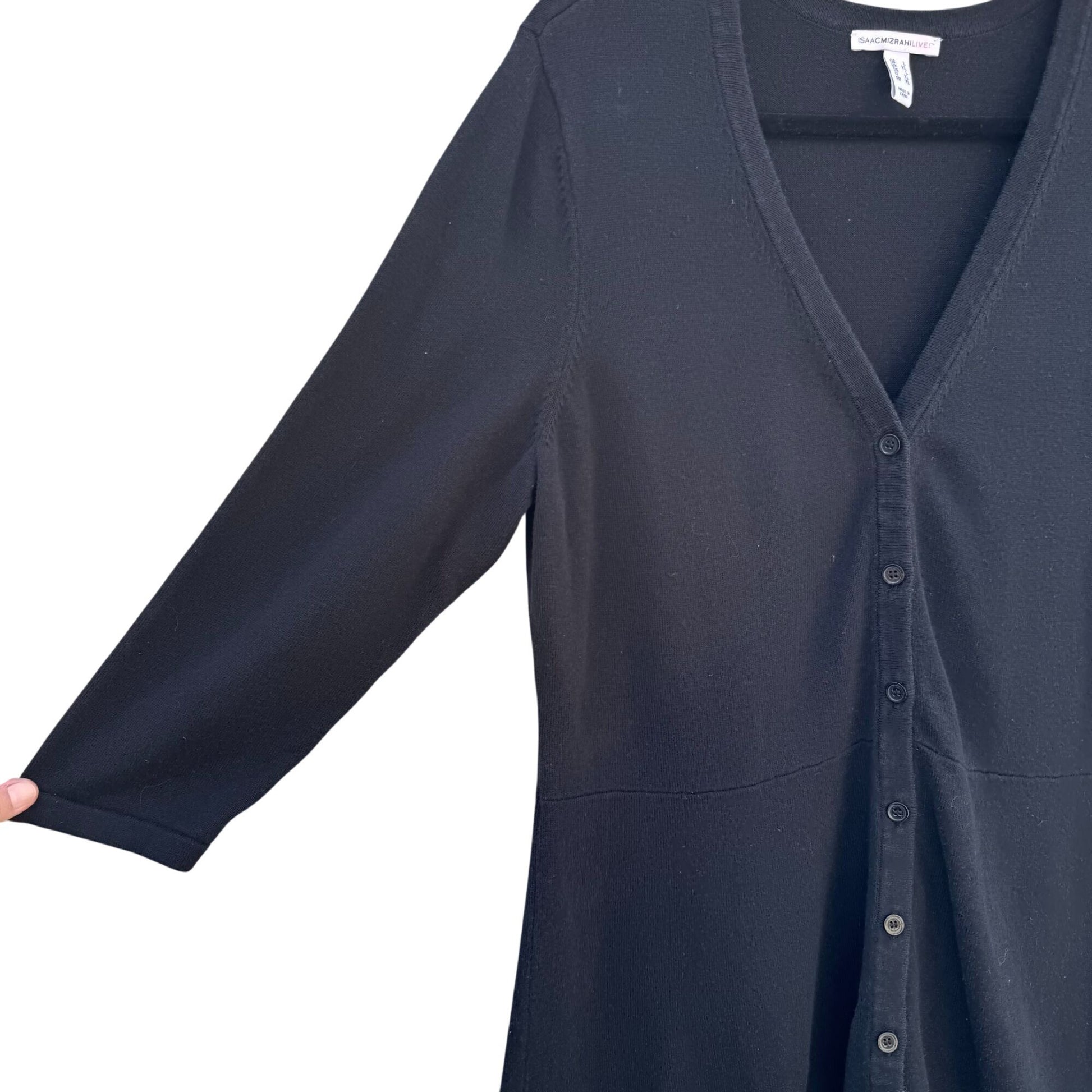 Isaac Mizrahi Live! Womens Black V Neck Button-Front 3/4 Sleeve Knit Cardigan L