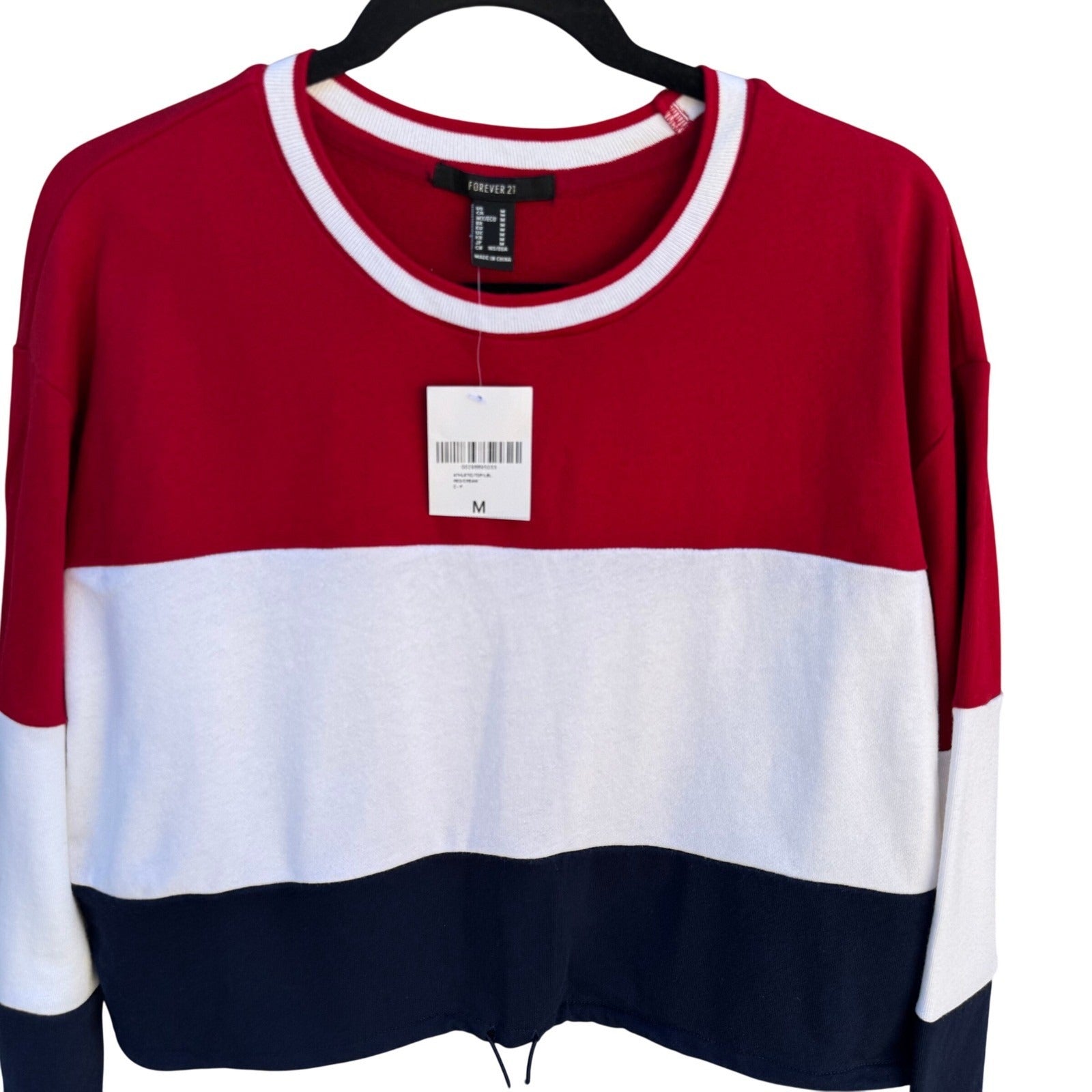 Forever 21 Womens Colorblock Cropped Sweatshirt Red White Blue Drawstring M NEW