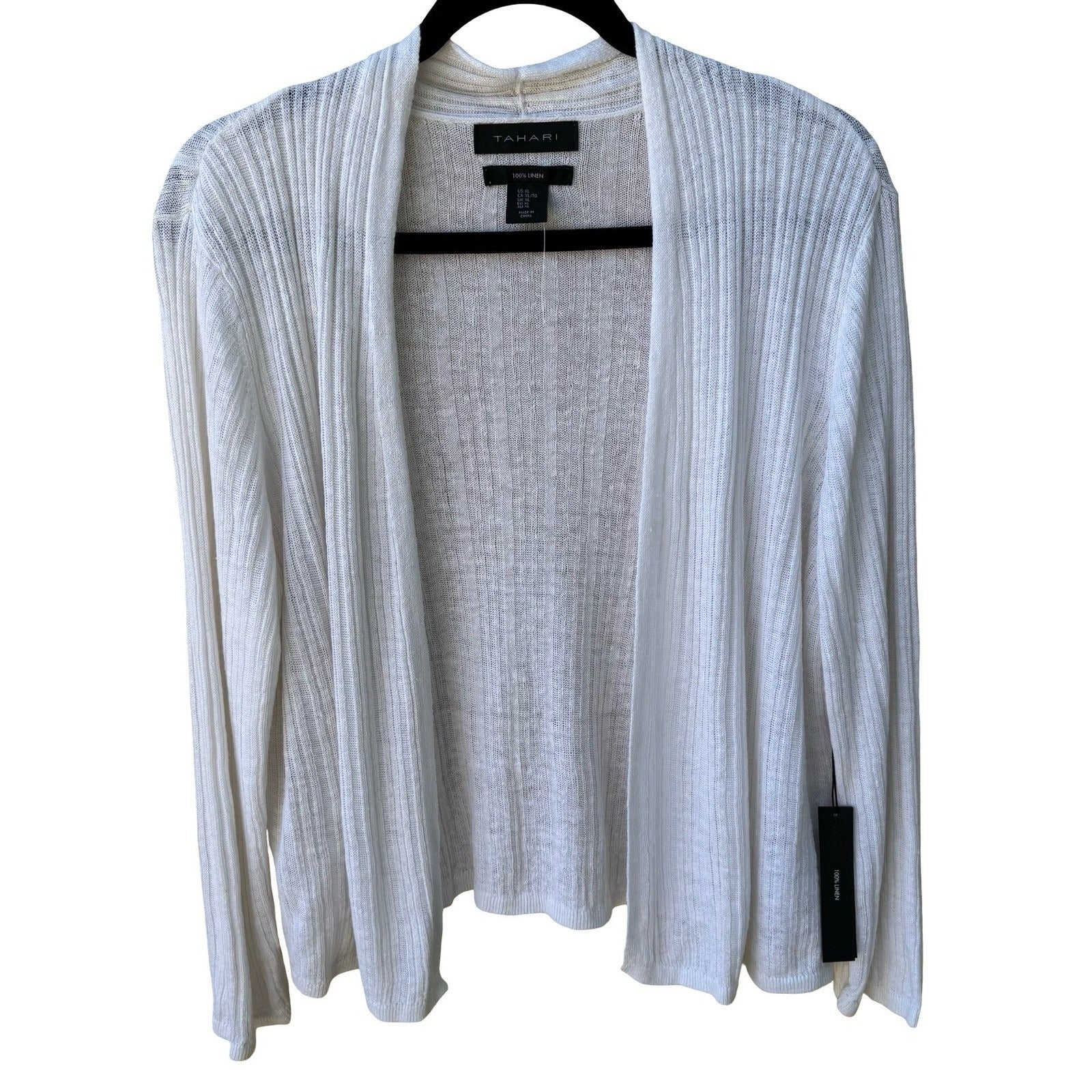 Tahari 100% Linen Coastal Ribbed Open Front Cardigan Sweater White Womens XL NWT