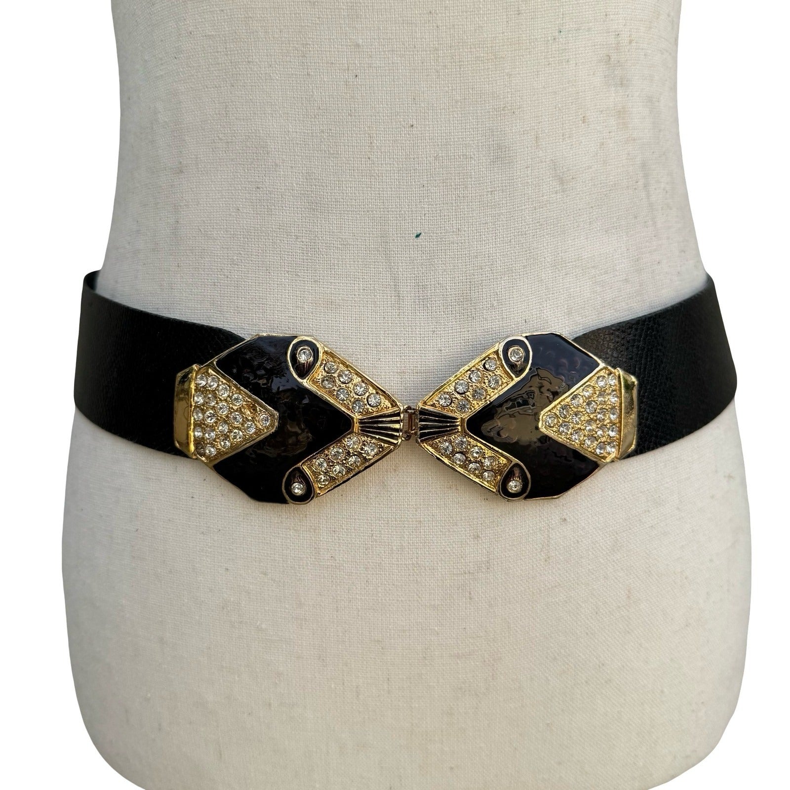 Puruti Vintage Black Gold Rhinestone Enamel Statement Waist Belt with Dust Bag