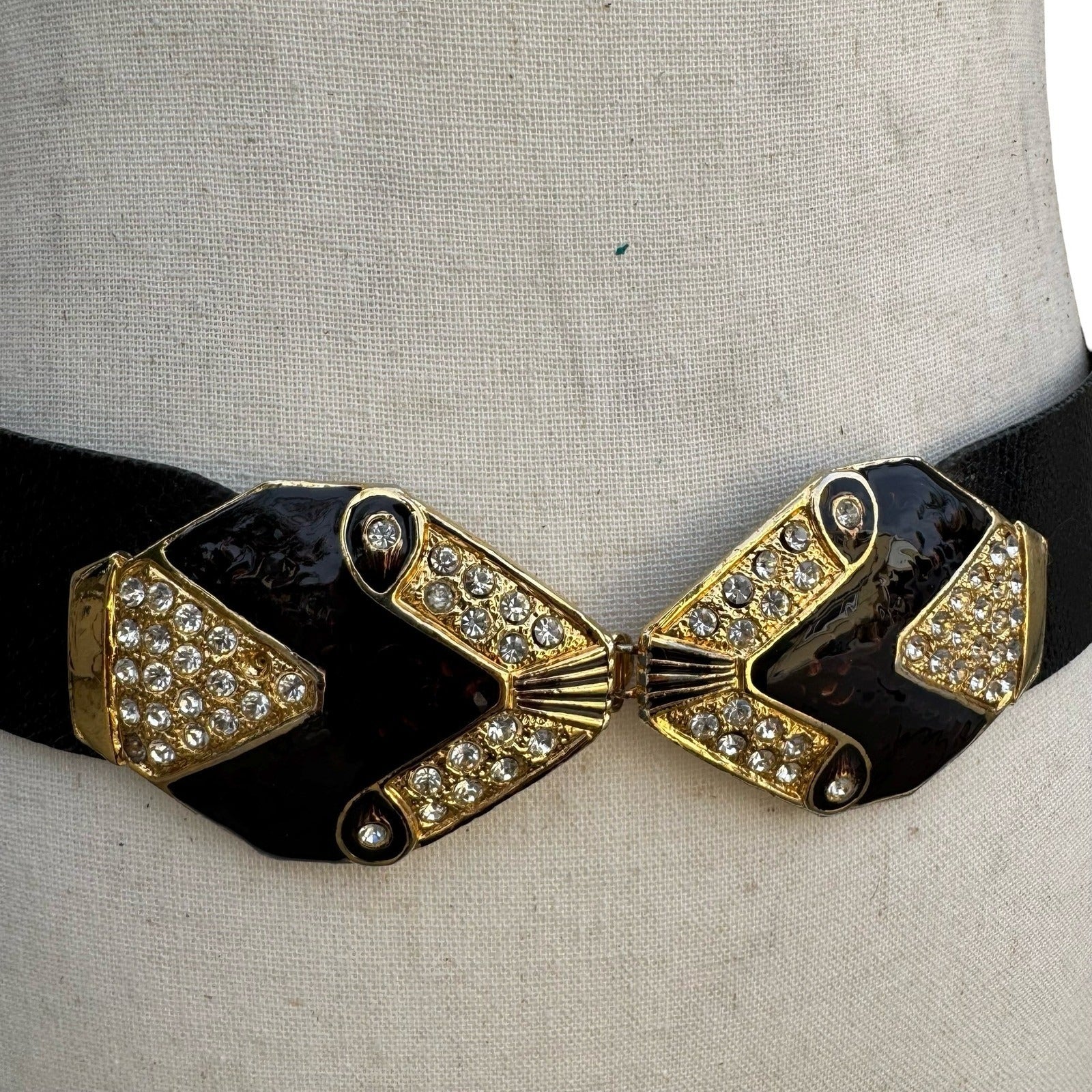 Puruti Vintage Black Gold Rhinestone Enamel Statement Waist Belt with Dust Bag