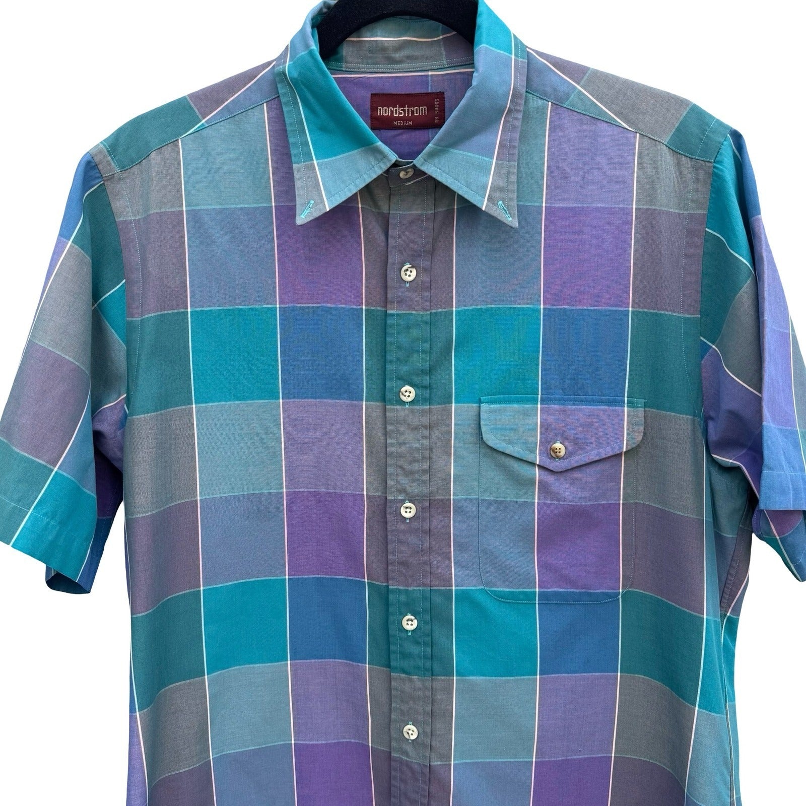 Nordstrom Mens Short Sleeve Button Down Shirt Purple Teal Plaid Size Medium
