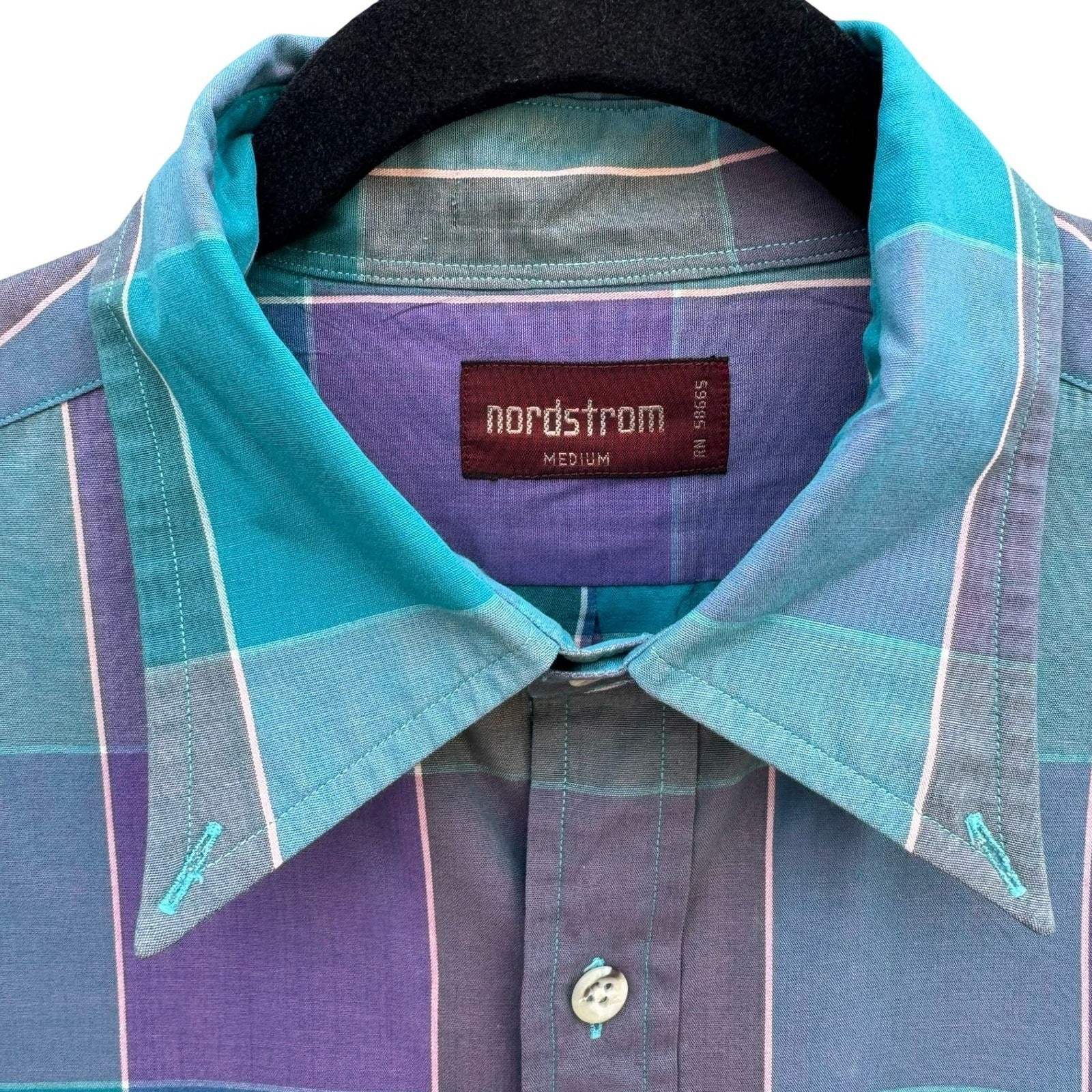Nordstrom Mens Short Sleeve Button Down Shirt Purple Teal Plaid Size Medium