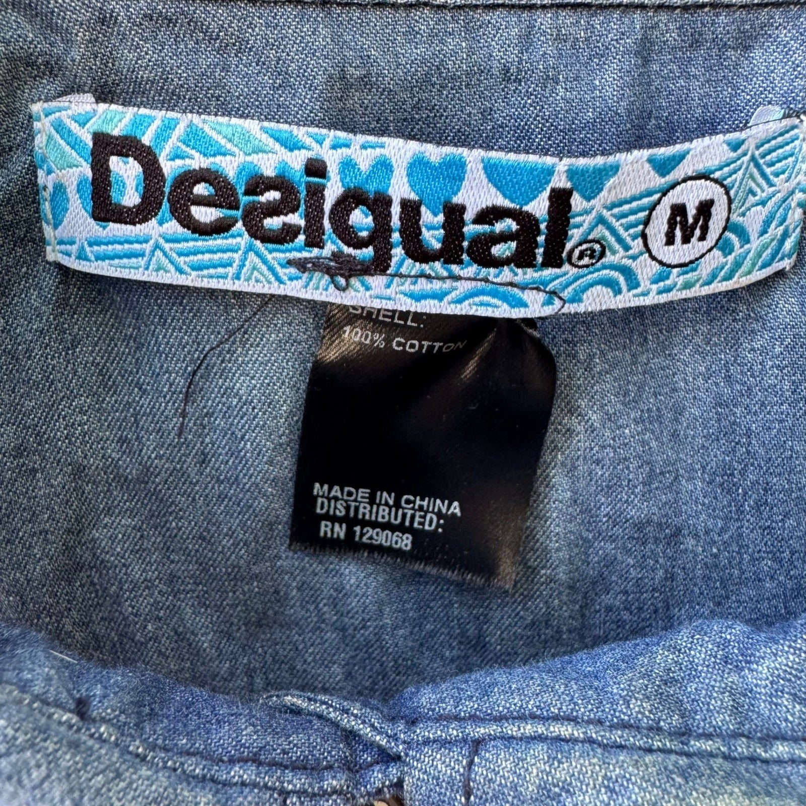 Desigual Y2K Boho Artsy Maximalist Embroidered Western Folk Denim Accent Shirt M