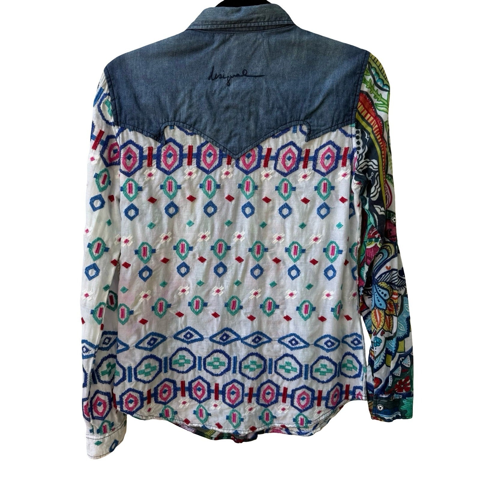 Desigual Y2K Boho Artsy Maximalist Embroidered Western Folk Denim Accent Shirt M