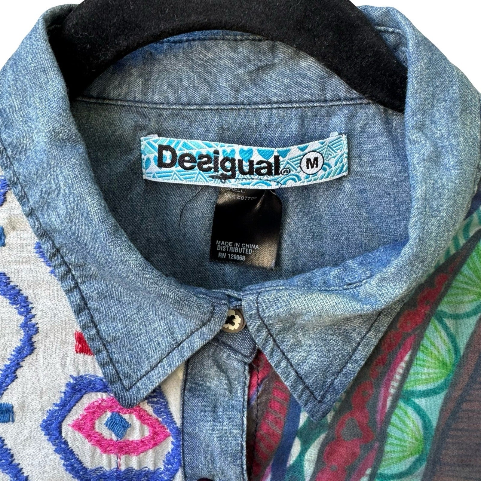 Desigual Y2K Boho Artsy Maximalist Embroidered Western Folk Denim Accent Shirt M