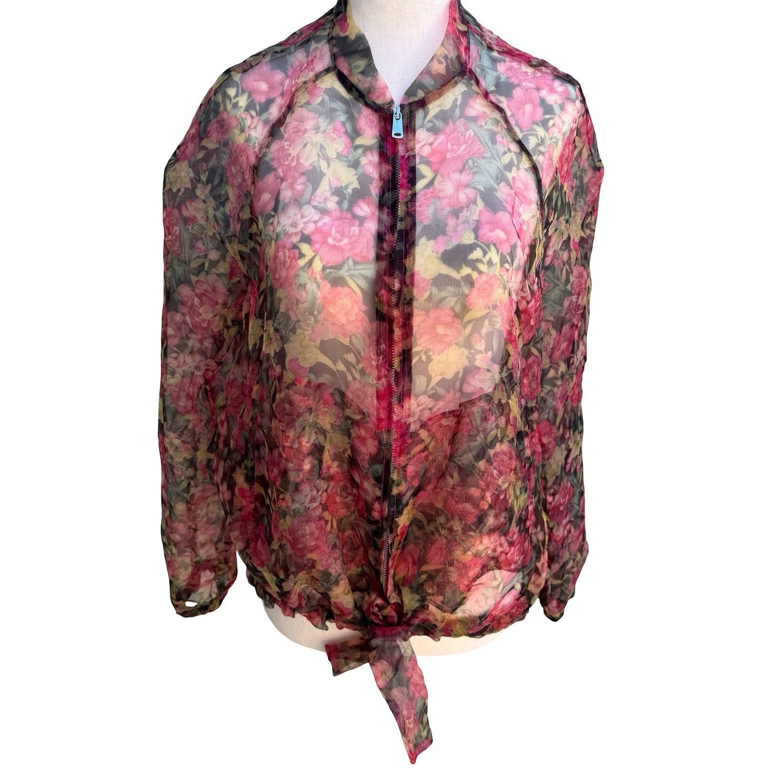 Zara Coquette Fairycore Sheer Floral Mesh Zip Tie Waist Bomber Jacket Pink S
