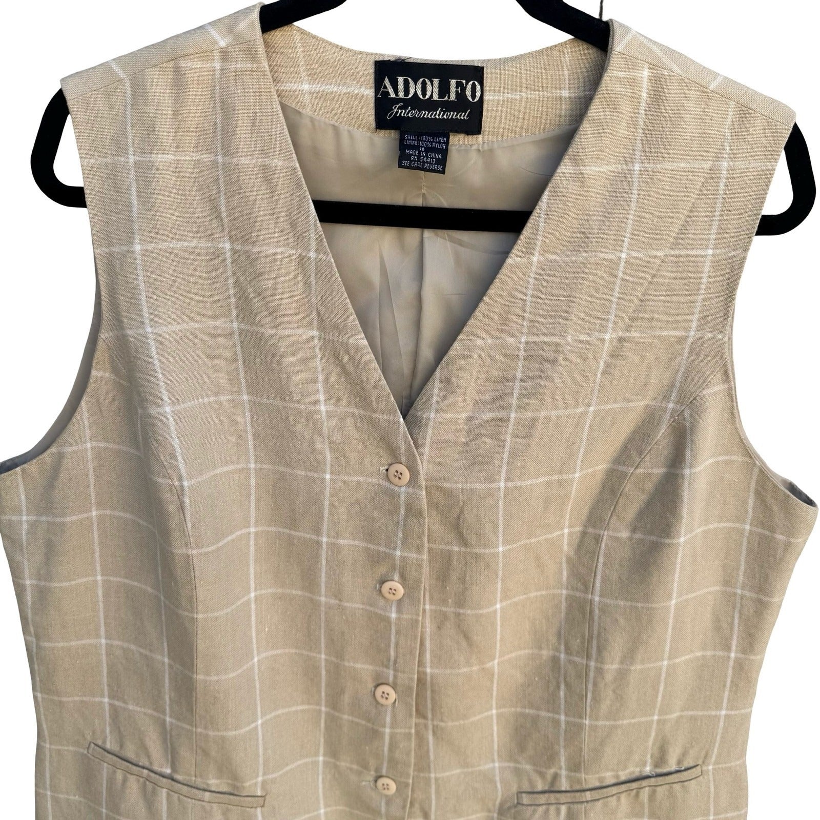 Adolfo Vintage 90s Tan Windowpane Plaid 100% Linen Button Front Vest Womens 16