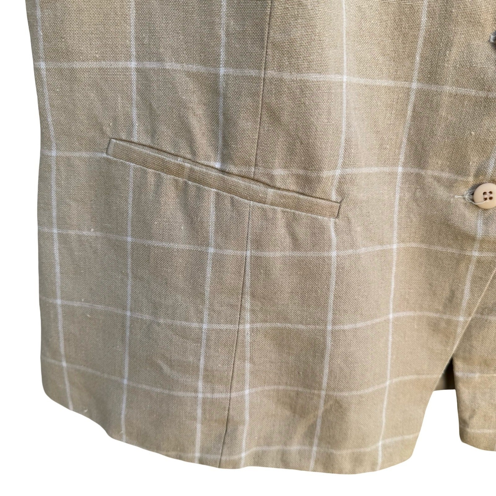 Adolfo Vintage 90s Tan Windowpane Plaid 100% Linen Button Front Vest Womens 16