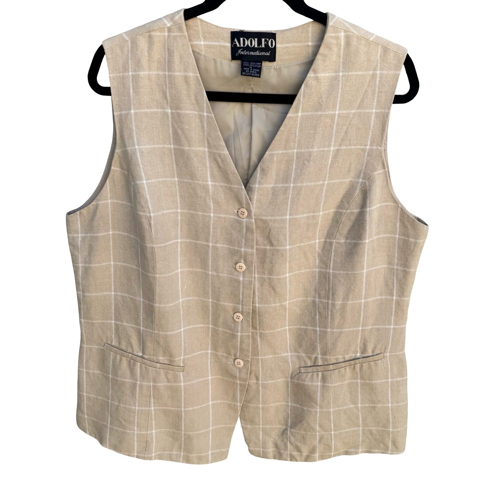 Adolfo Vintage 90s Tan Windowpane Plaid 100% Linen Button Front Vest Womens 16