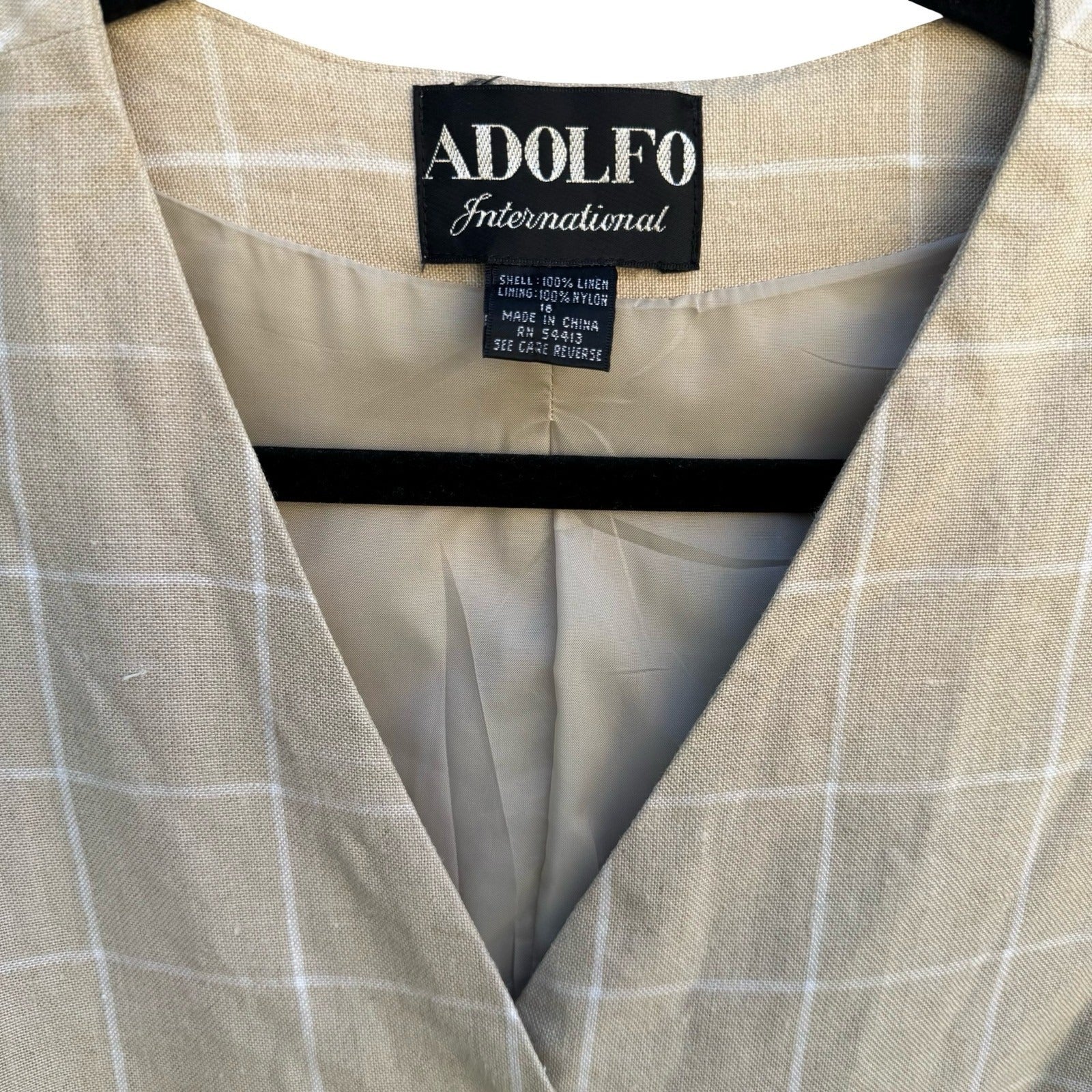 Adolfo Vintage 90s Tan Windowpane Plaid 100% Linen Button Front Vest Womens 16