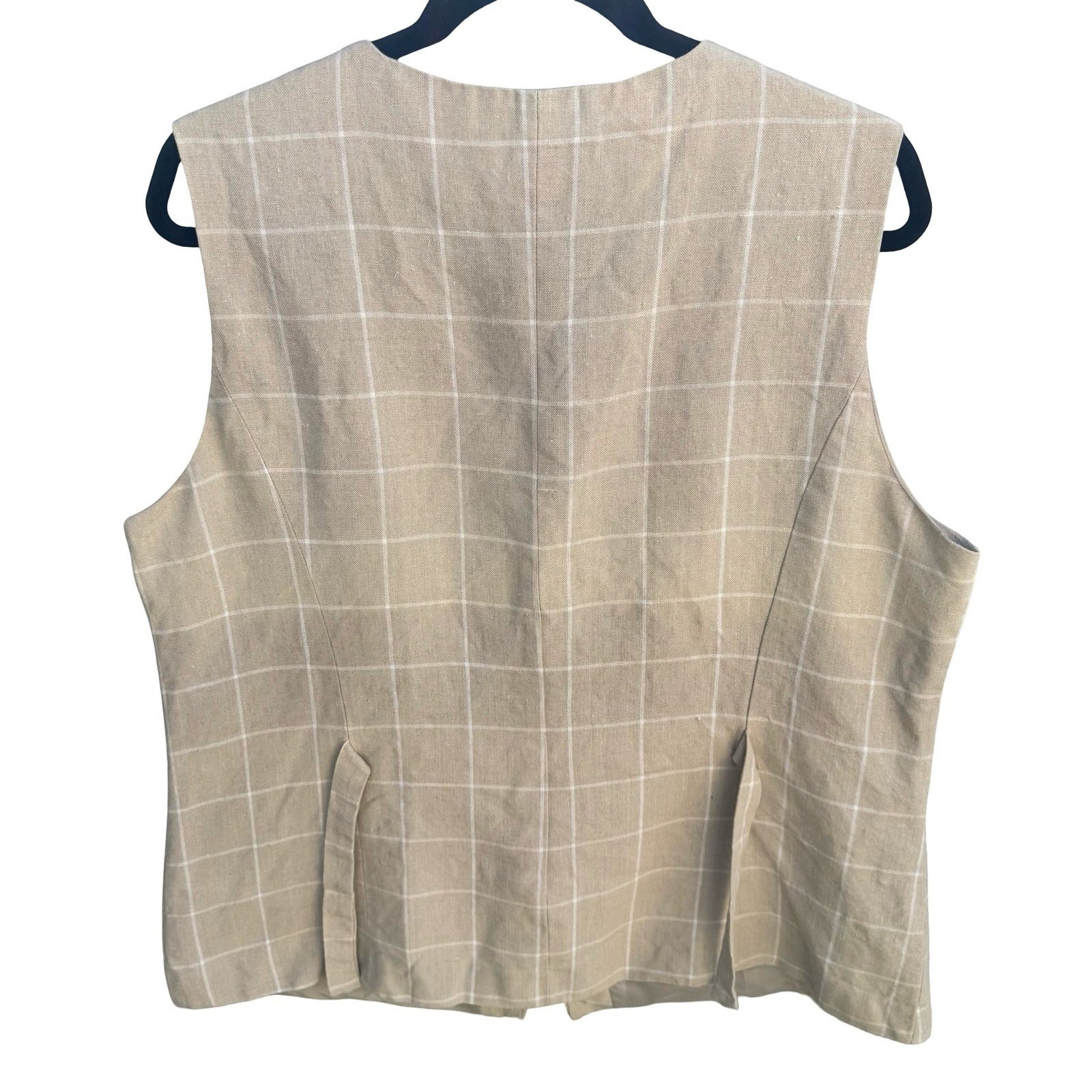 Adolfo Vintage 90s Tan Windowpane Plaid 100% Linen Button Front Vest Womens 16