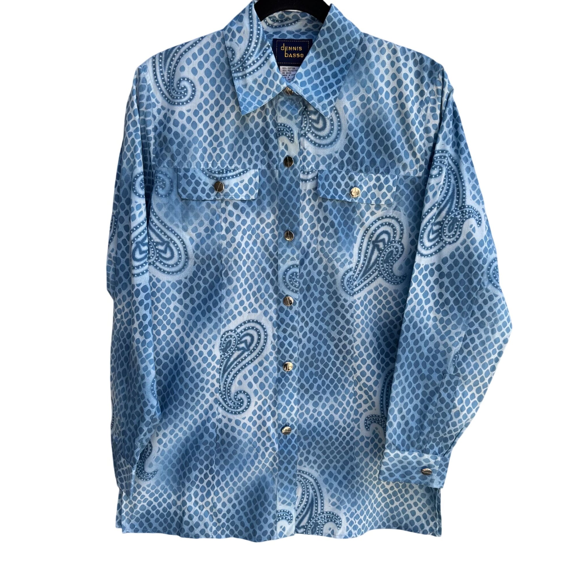 Dennis Basso Blue Paisley Snake Dot Print Long Sleeve Button-Up Shirt New S