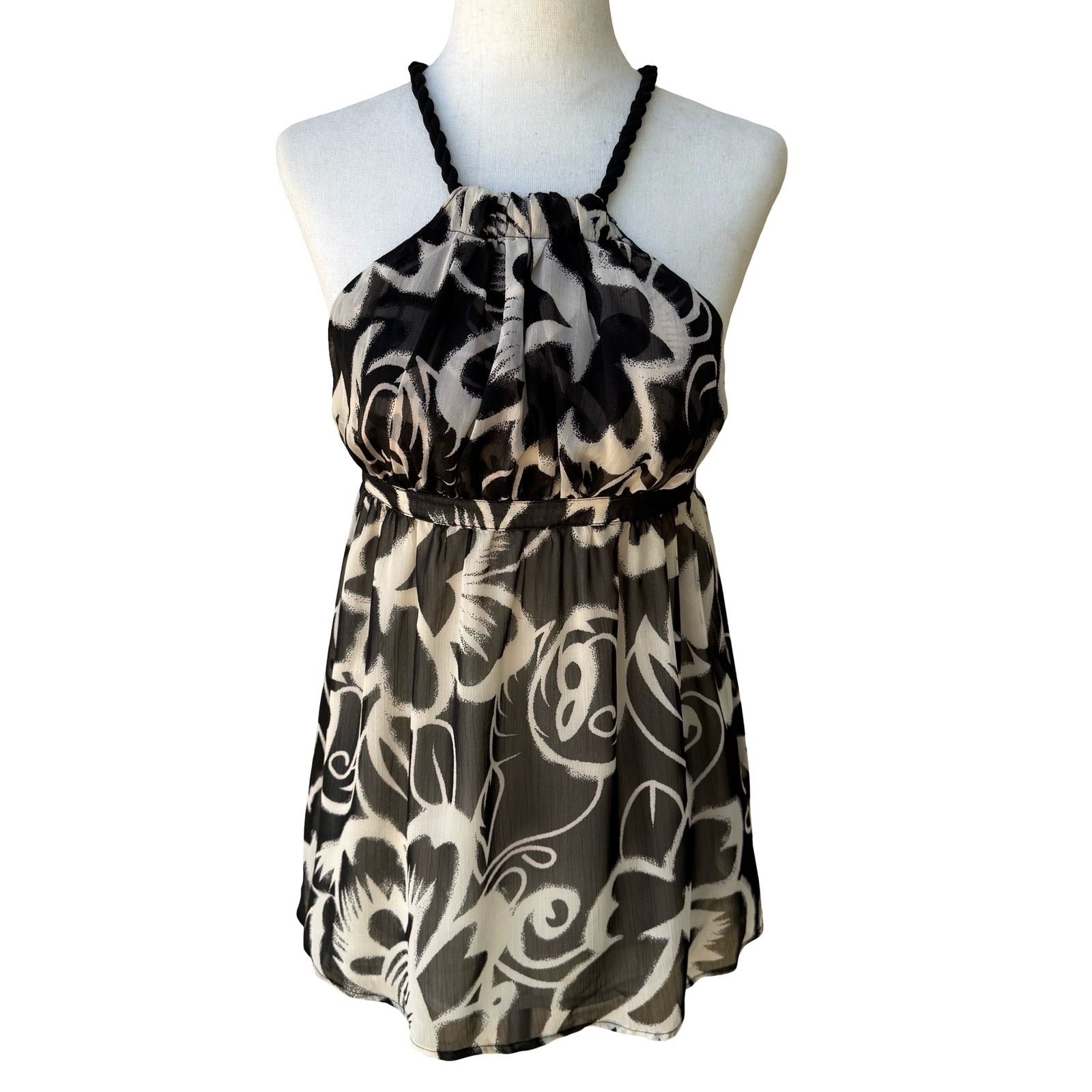 MM Couture Miss Me Y2K Boho Flowy Floral Empire Waist Halter Babydoll Top S