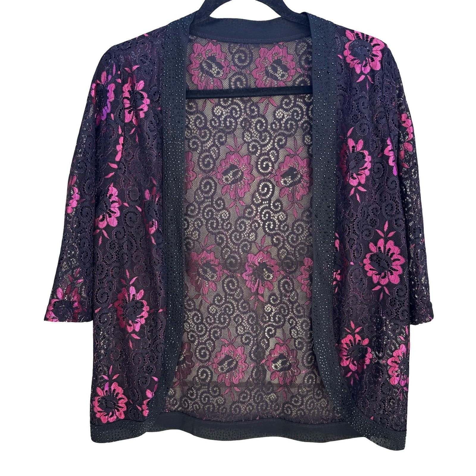 Yu Yuan Whimsigoth Beaded Glam Floral Lace Rhinestone Open Front Cardigan Black