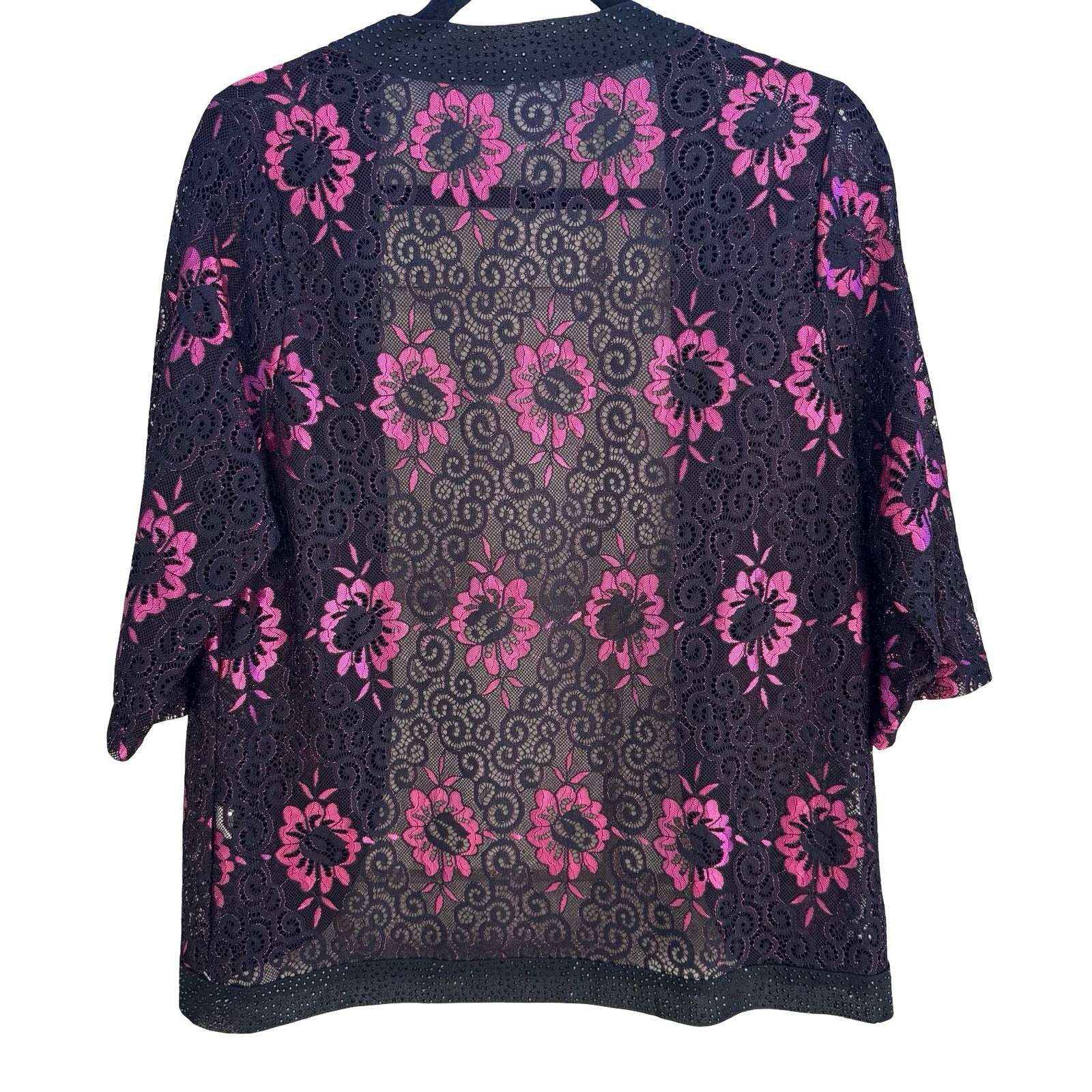 Yu Yuan Whimsigoth Beaded Glam Floral Lace Rhinestone Open Front Cardigan Black