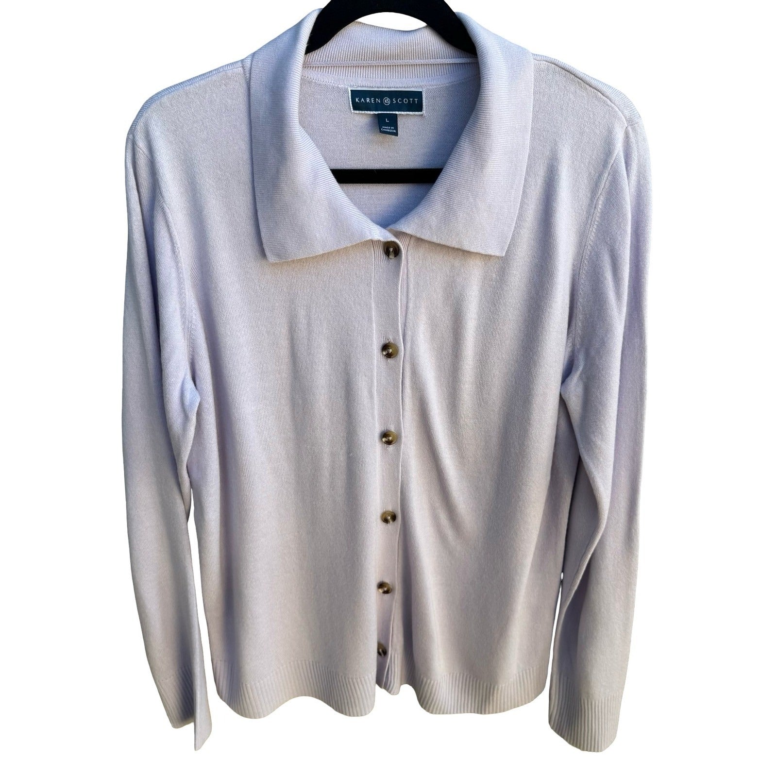 Karen Scott Grandmacore Librarian Preppy Pastel Lavender Polo Collar Cardigan L