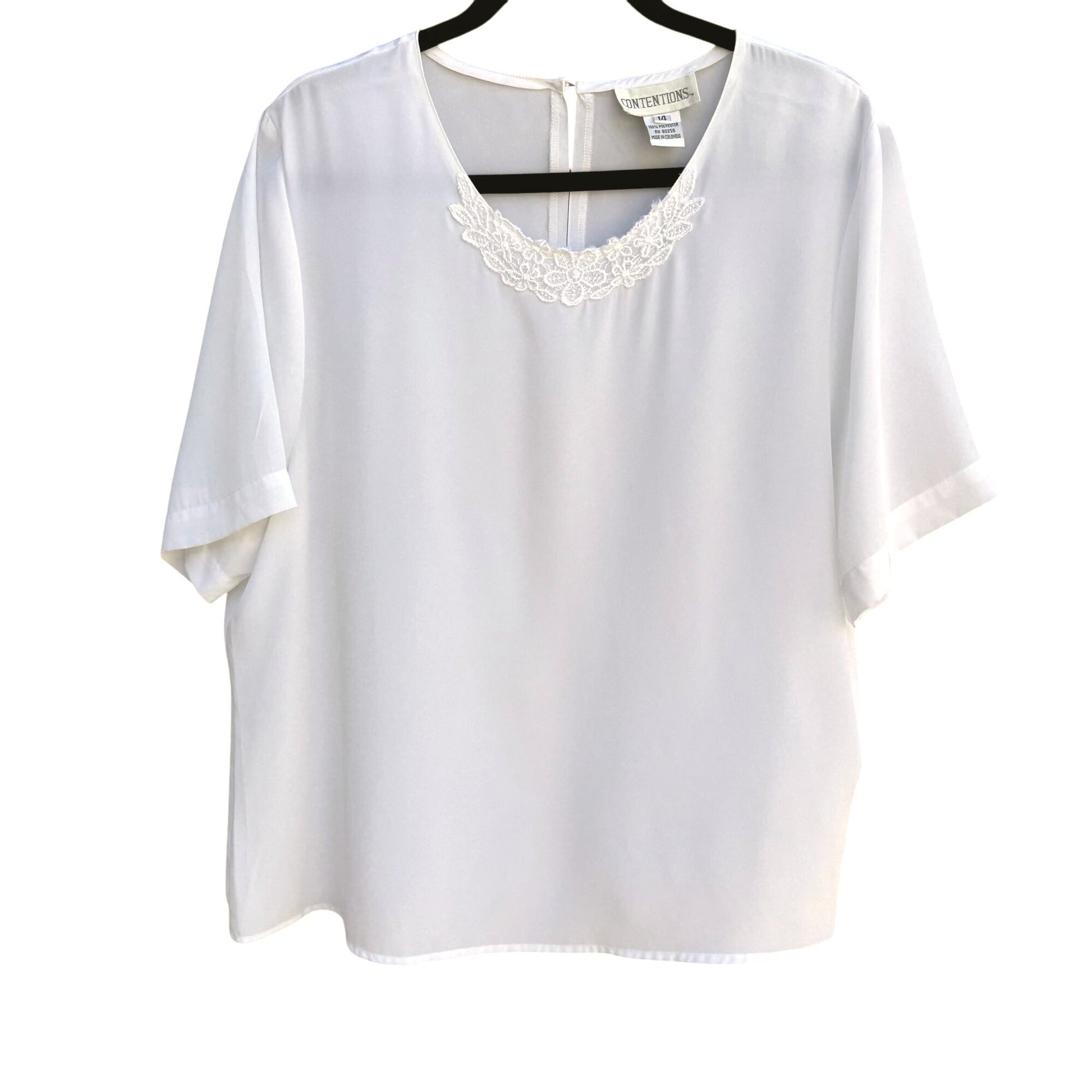 Contentions Womens White Short Sleeve Embroidered Neck Light Flowy Blouse 14