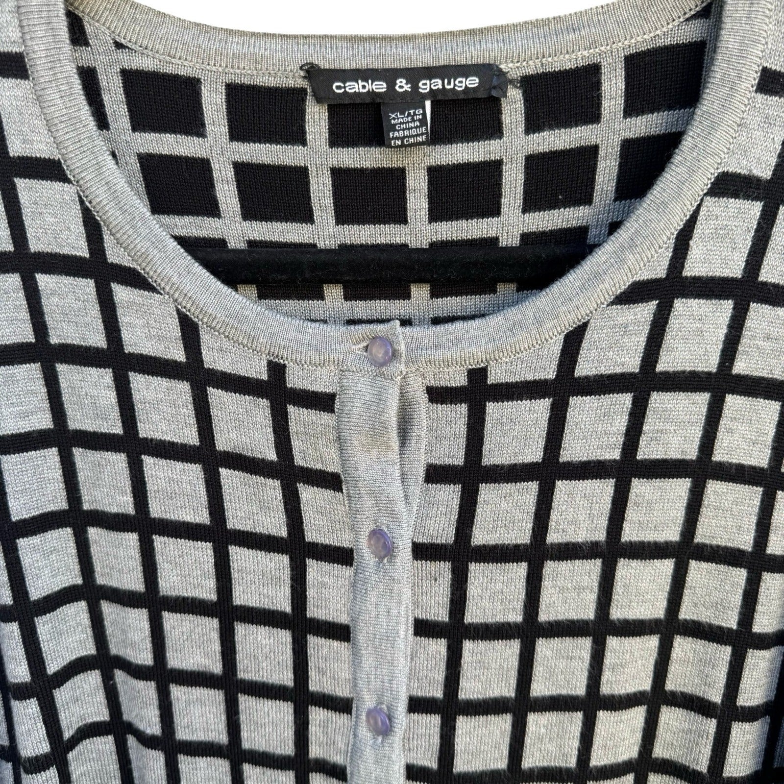 Cable & Gauge Grey Black Grid Button Front Preppy Cardigan Sweater XL Windowpane