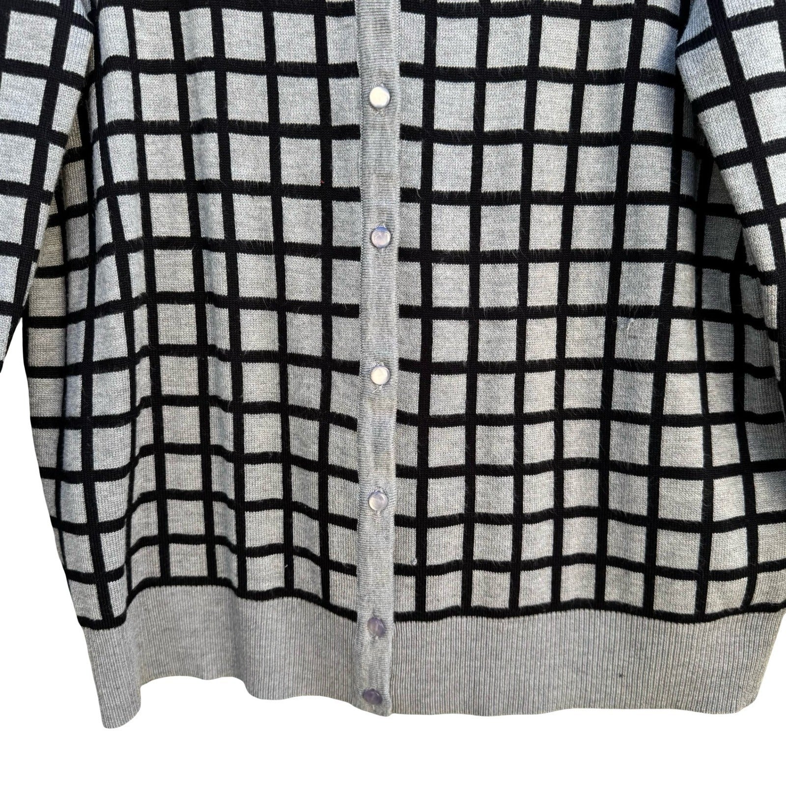 Cable & Gauge Grey Black Grid Button Front Preppy Cardigan Sweater XL Windowpane