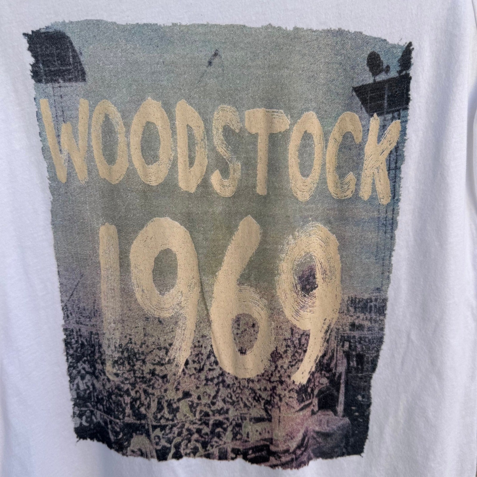 Lyric Culture Woodstock 1969 White Graphic T-Shirt XS Music Festival USA Made