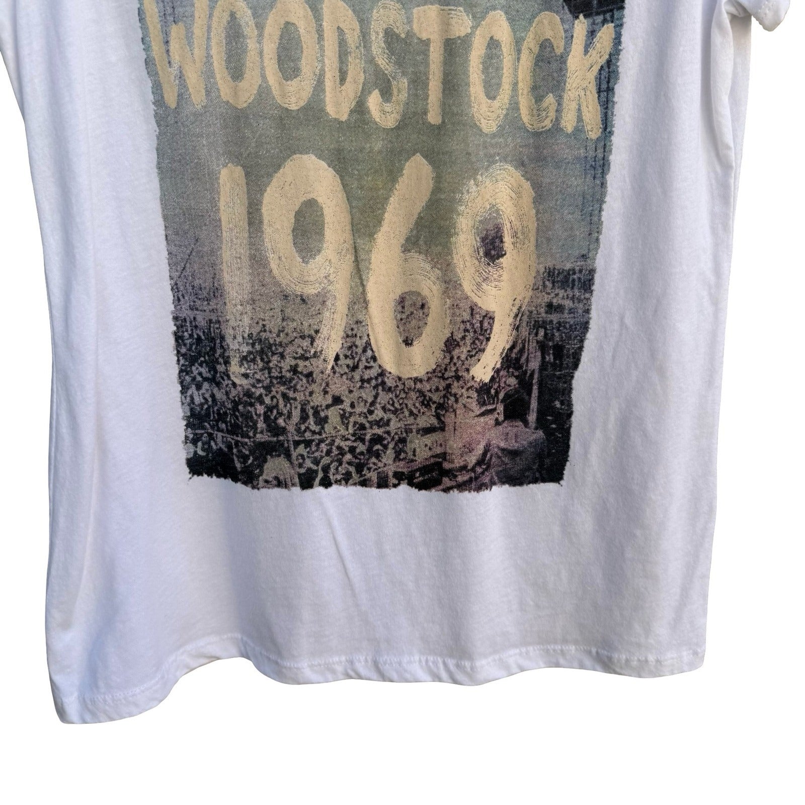 Lyric Culture Woodstock 1969 White Graphic T-Shirt XS Music Festival USA Made