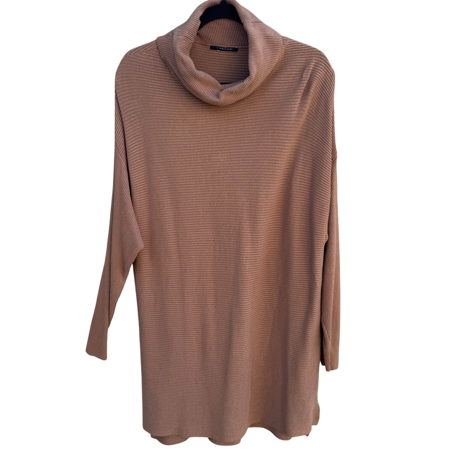 T Tahari Ribbed Camel Cowl Neck Knit Tunic Sweater Womens L Minimalist Lagenlook