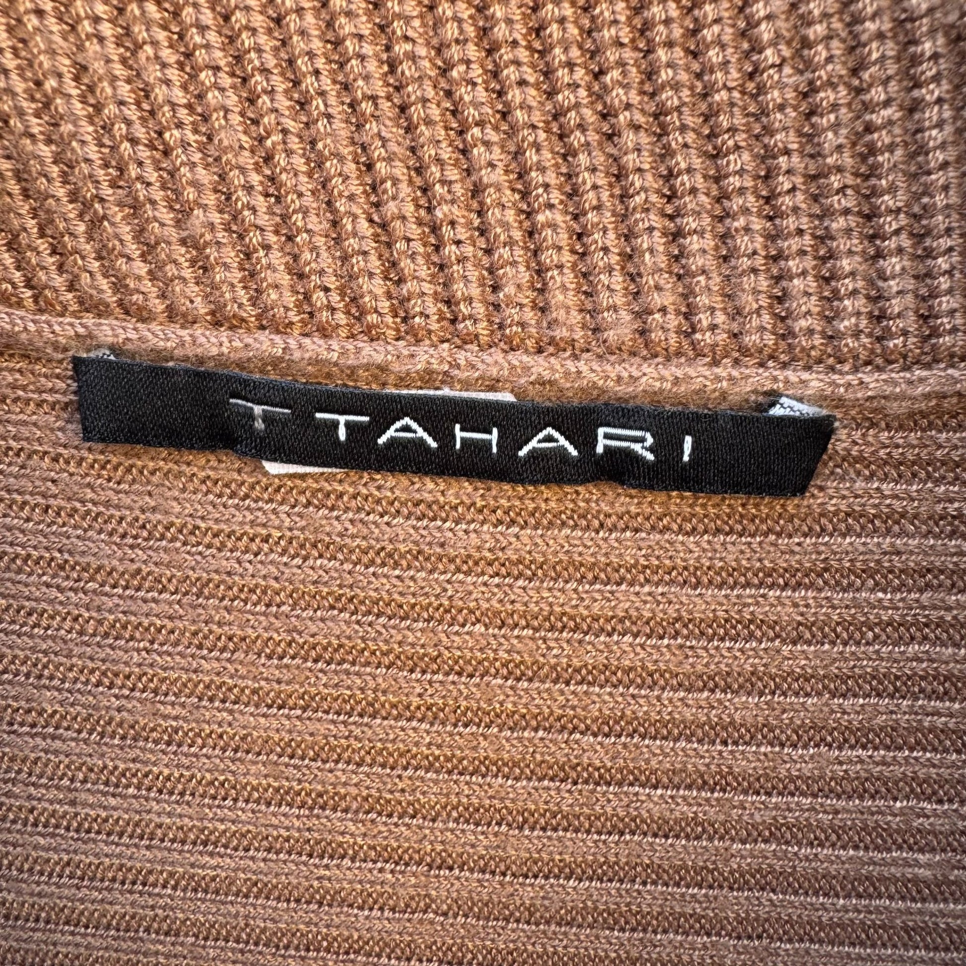 T Tahari Ribbed Camel Cowl Neck Knit Tunic Sweater Womens L Minimalist Lagenlook