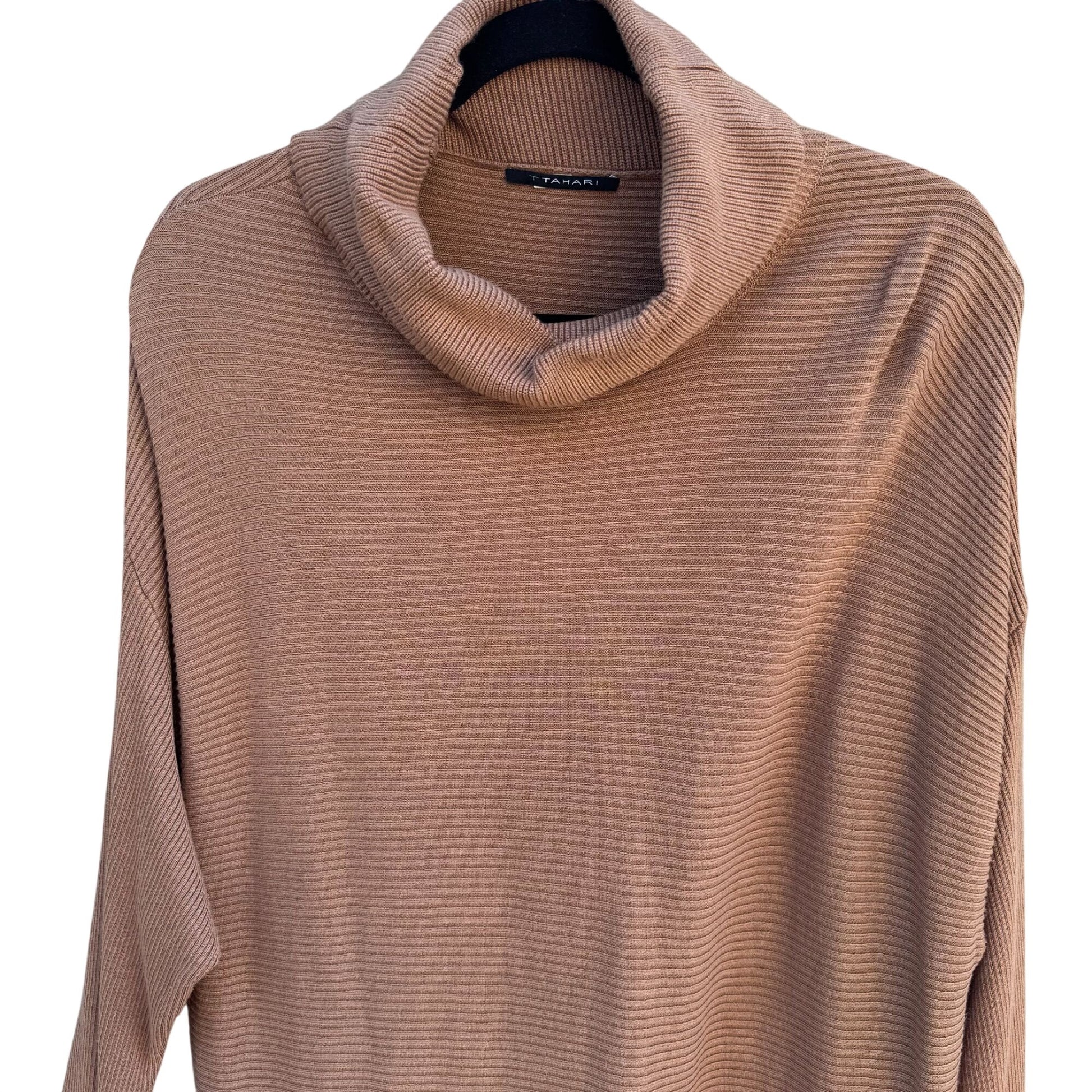 T Tahari Ribbed Camel Cowl Neck Knit Tunic Sweater Womens L Minimalist Lagenlook