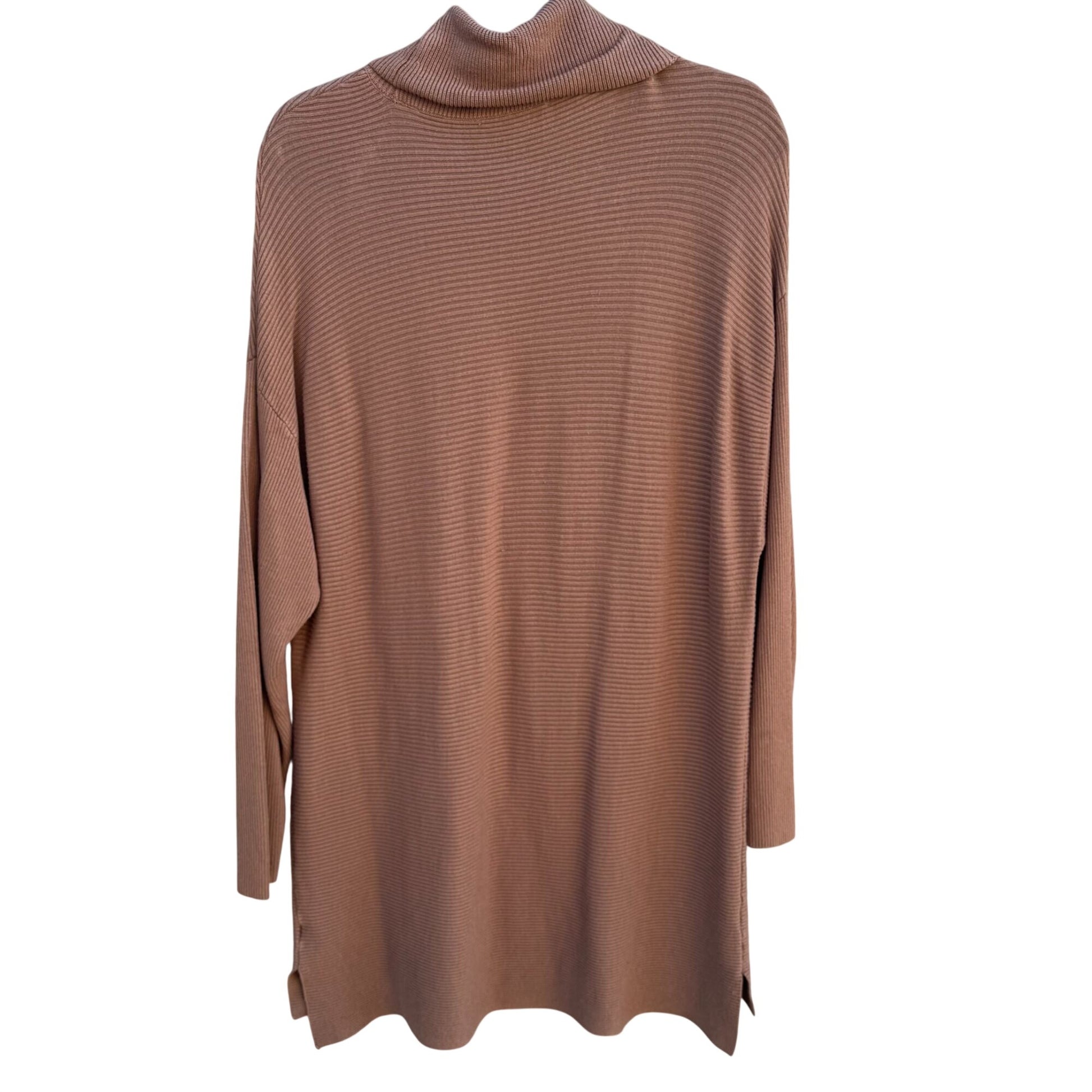 T Tahari Ribbed Camel Cowl Neck Knit Tunic Sweater Womens L Minimalist Lagenlook