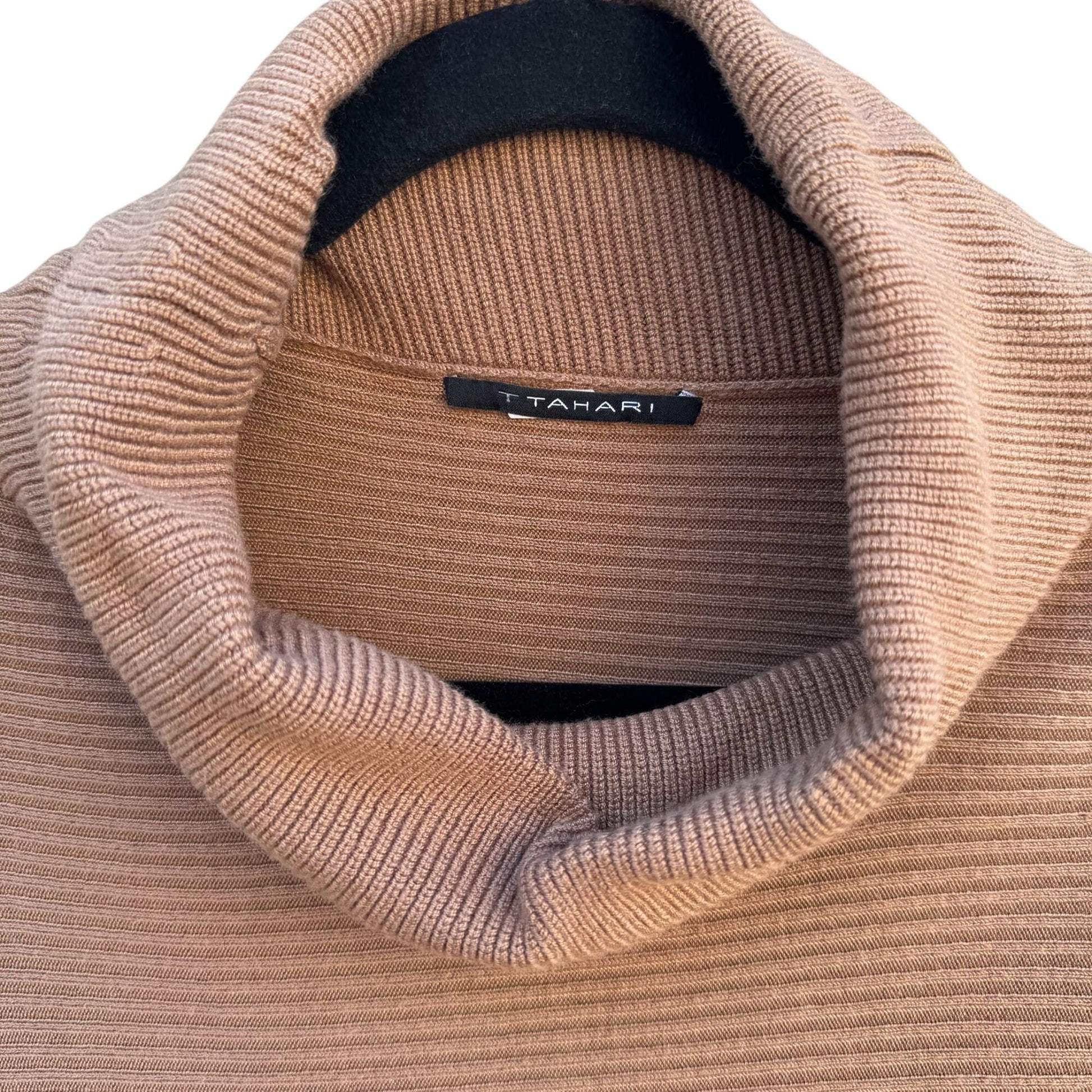 T Tahari Ribbed Camel Cowl Neck Knit Tunic Sweater Womens L Minimalist Lagenlook