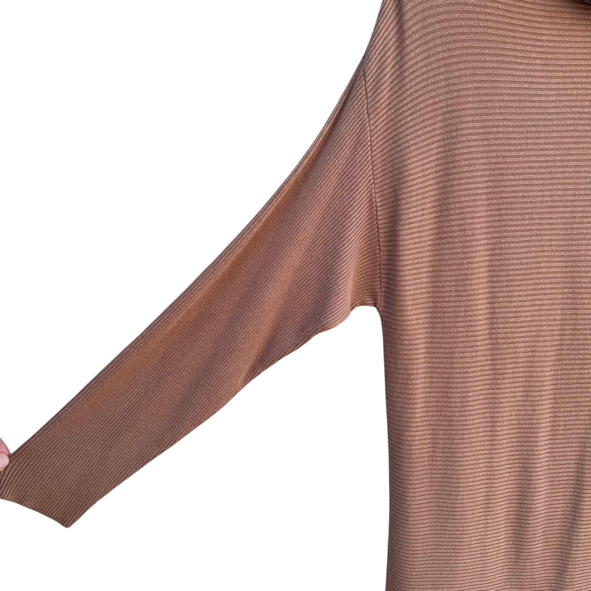 T Tahari Ribbed Camel Cowl Neck Knit Tunic Sweater Womens L Minimalist Lagenlook