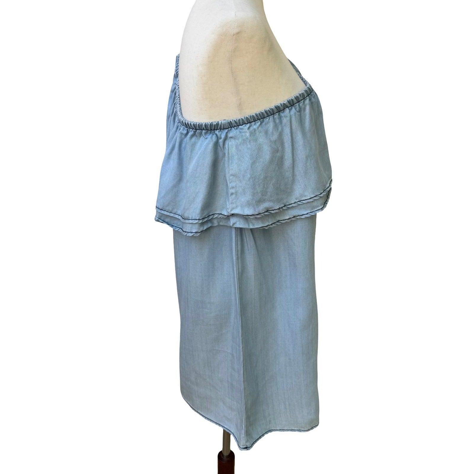 BB Dakota One Shoulder Ruffle Chambray Coastal Beachy Festival Mini Dress Blue S