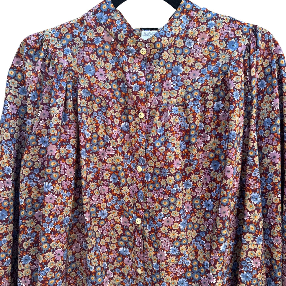 Gene Burton Vintage Floral Button-Up Prairie Long Sleeve Womens Hippie Blouse