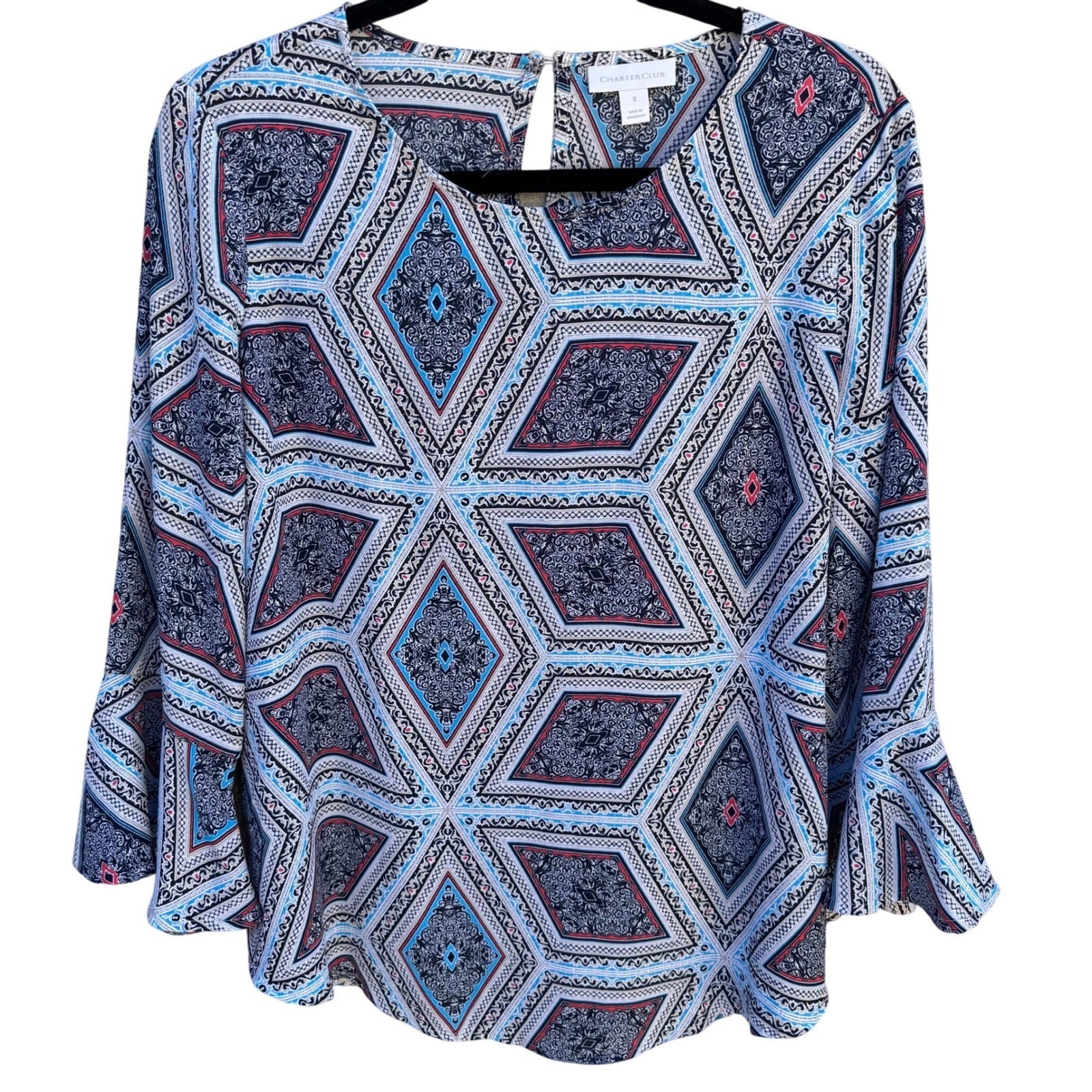 Charter Club Womens S Boat Neck Blue Geometric Diamond Bell Sleeve Blouse Top