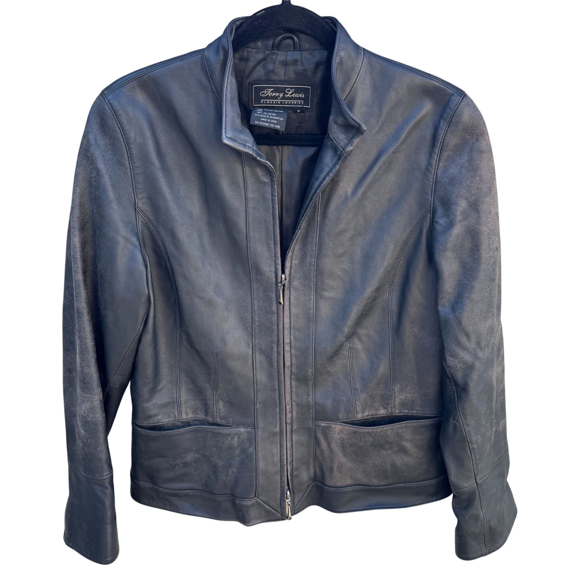 Terry Lewis Vintage Womens Black Distressed Leather Moto Biker Jacket 1/2 Zip
