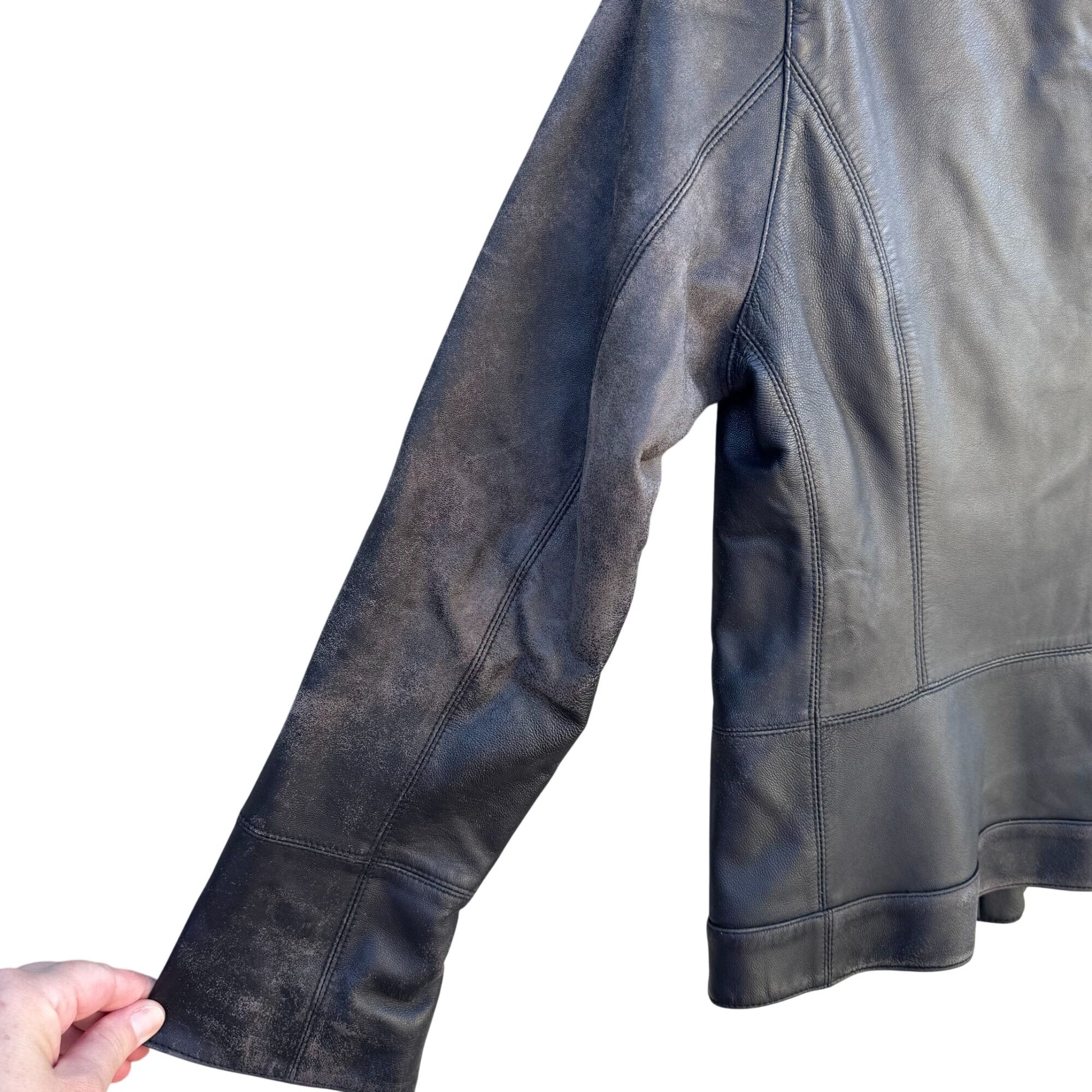 Terry Lewis Vintage Womens Black Distressed Leather Moto Biker Jacket 1/2 Zip