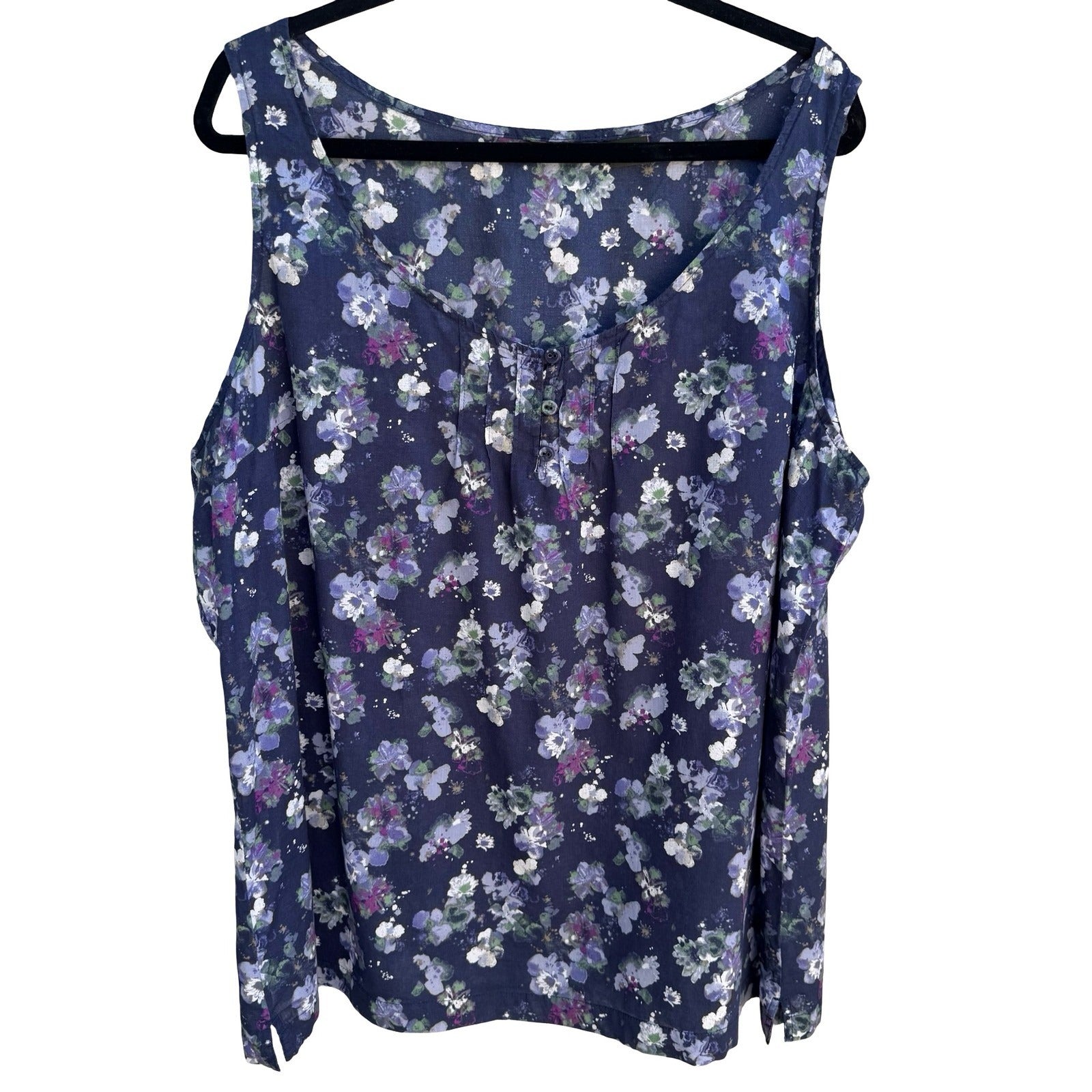 Eddie Bauer Navy Floral Cotton Sleeveless Top Pleated Boho Cottage Womens XXL