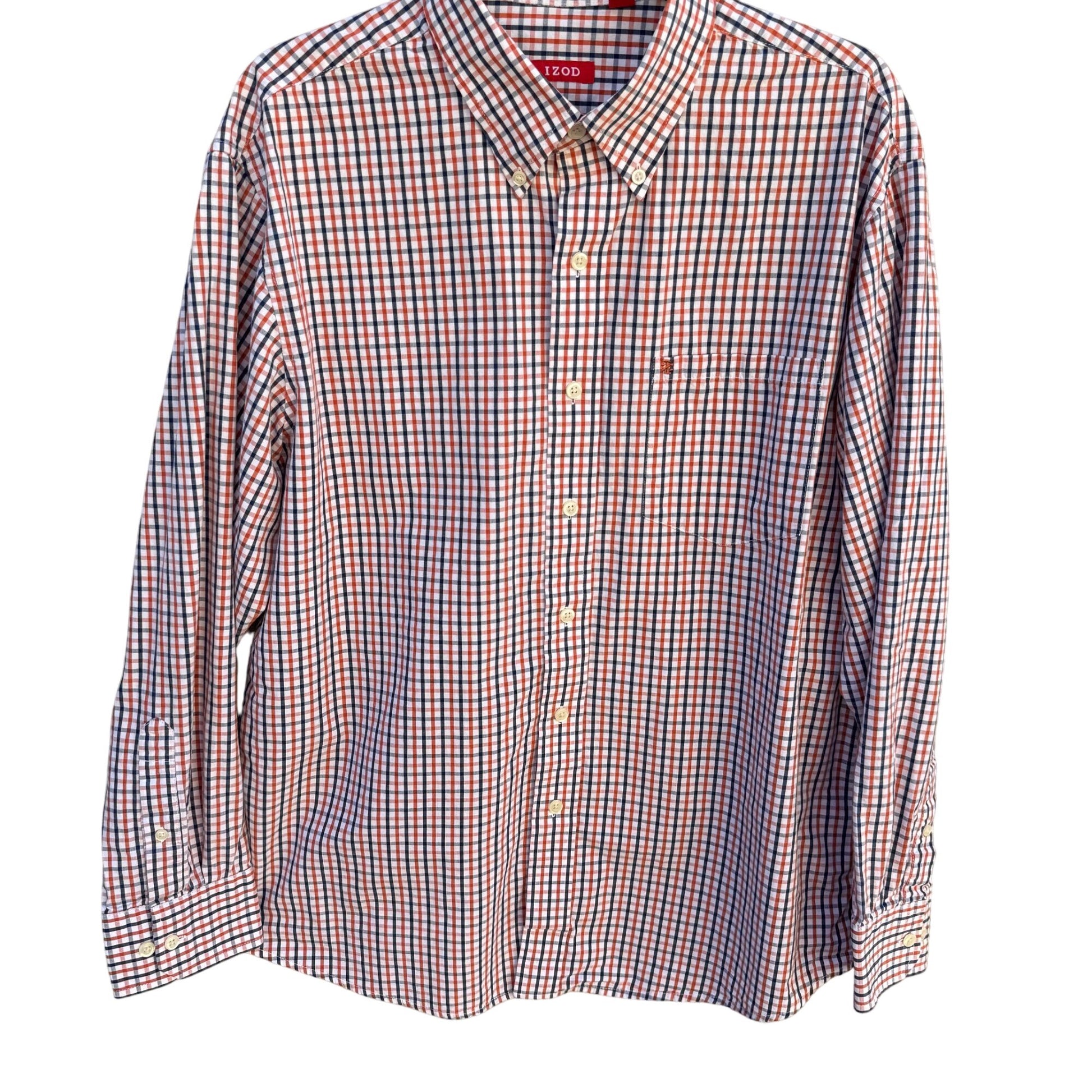 Izod Mens Long Sleeve Button Up Red/Navy/White Plaid Cotton Classic Fit Shirt L