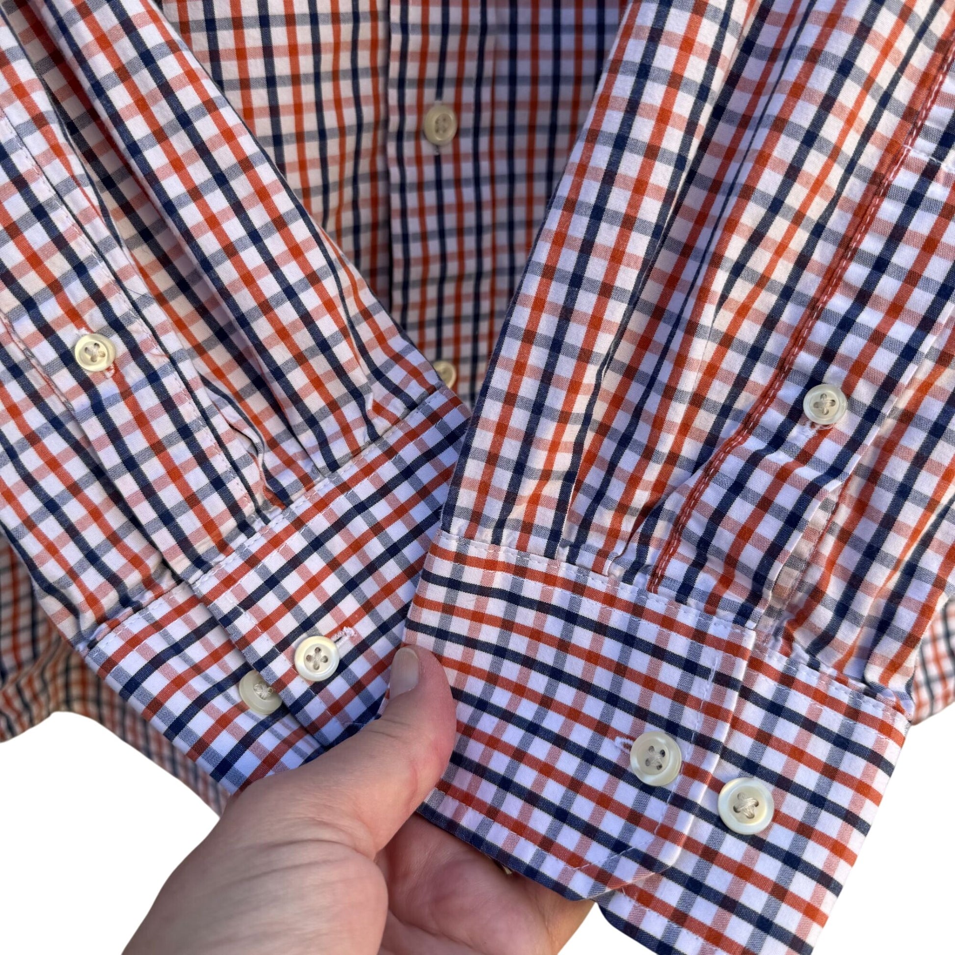 Izod Mens Long Sleeve Button Up Red/Navy/White Plaid Cotton Classic Fit Shirt L