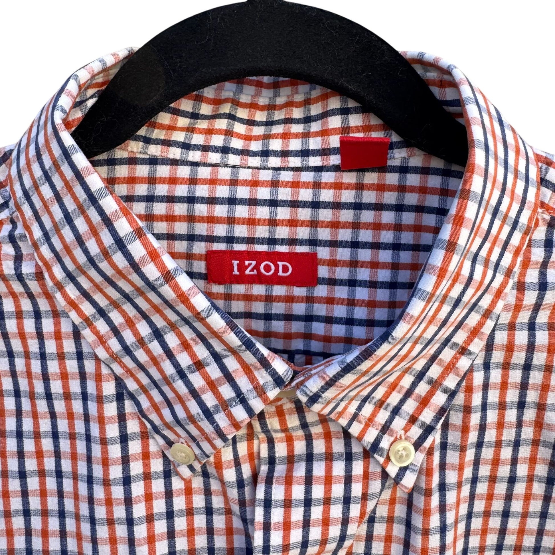 Izod Mens Long Sleeve Button Up Red/Navy/White Plaid Cotton Classic Fit Shirt L