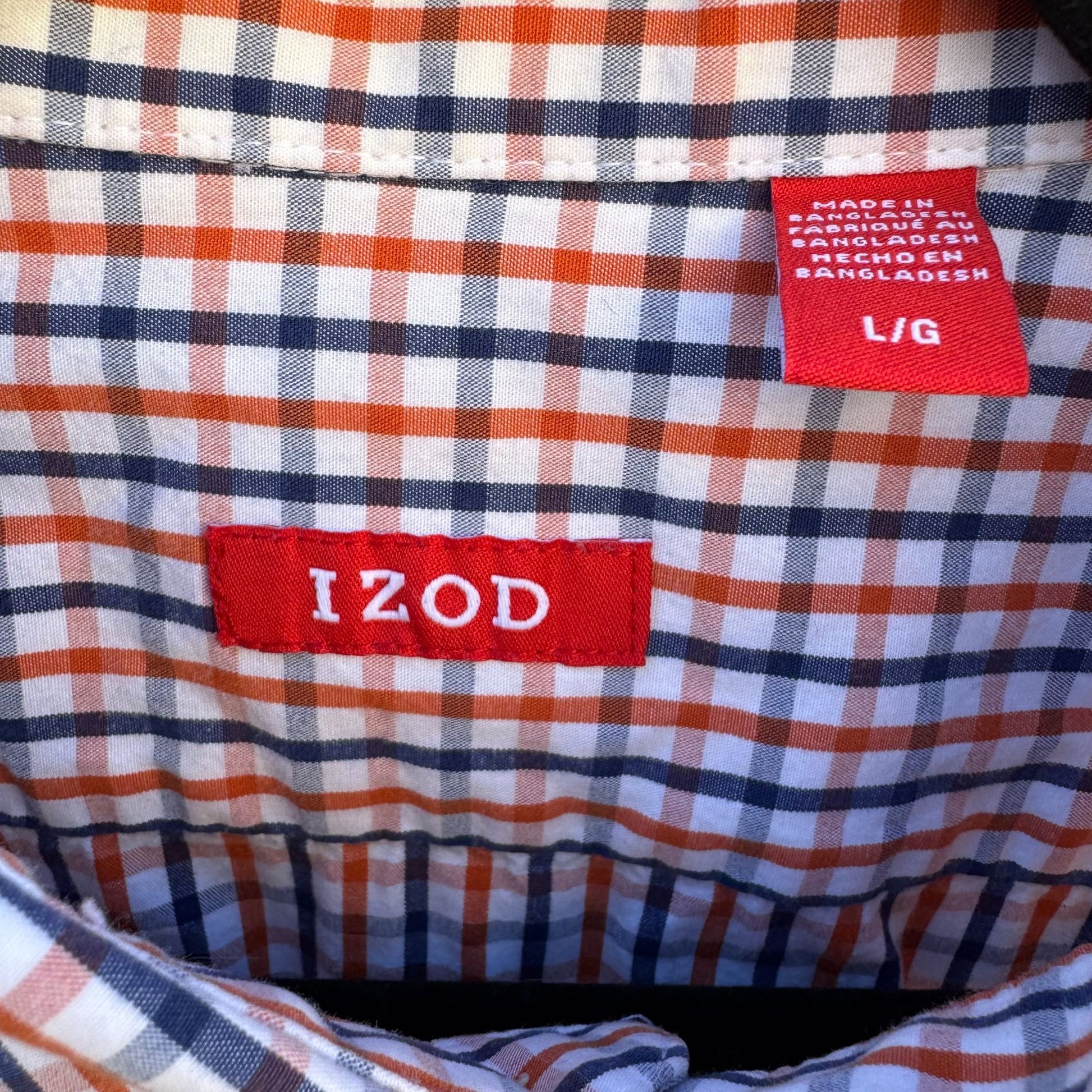 Izod Mens Long Sleeve Button Up Red/Navy/White Plaid Cotton Classic Fit Shirt L