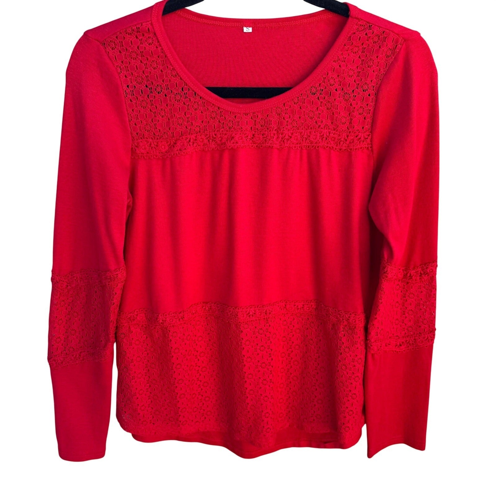 Vintage Womens Red Long Sleeve Crochet Lace Panel Scoop Neck Boho Tunic Top S