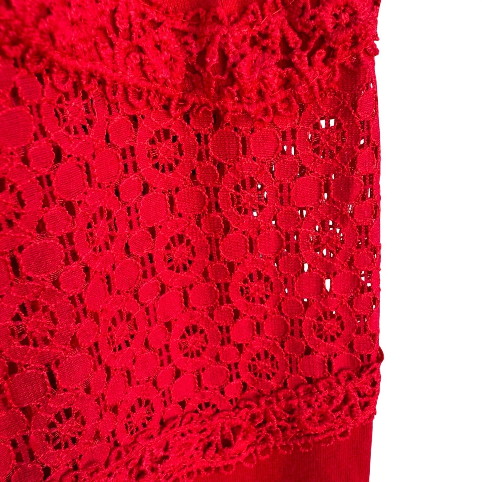 Vintage Womens Red Long Sleeve Crochet Lace Panel Scoop Neck Boho Tunic Top S